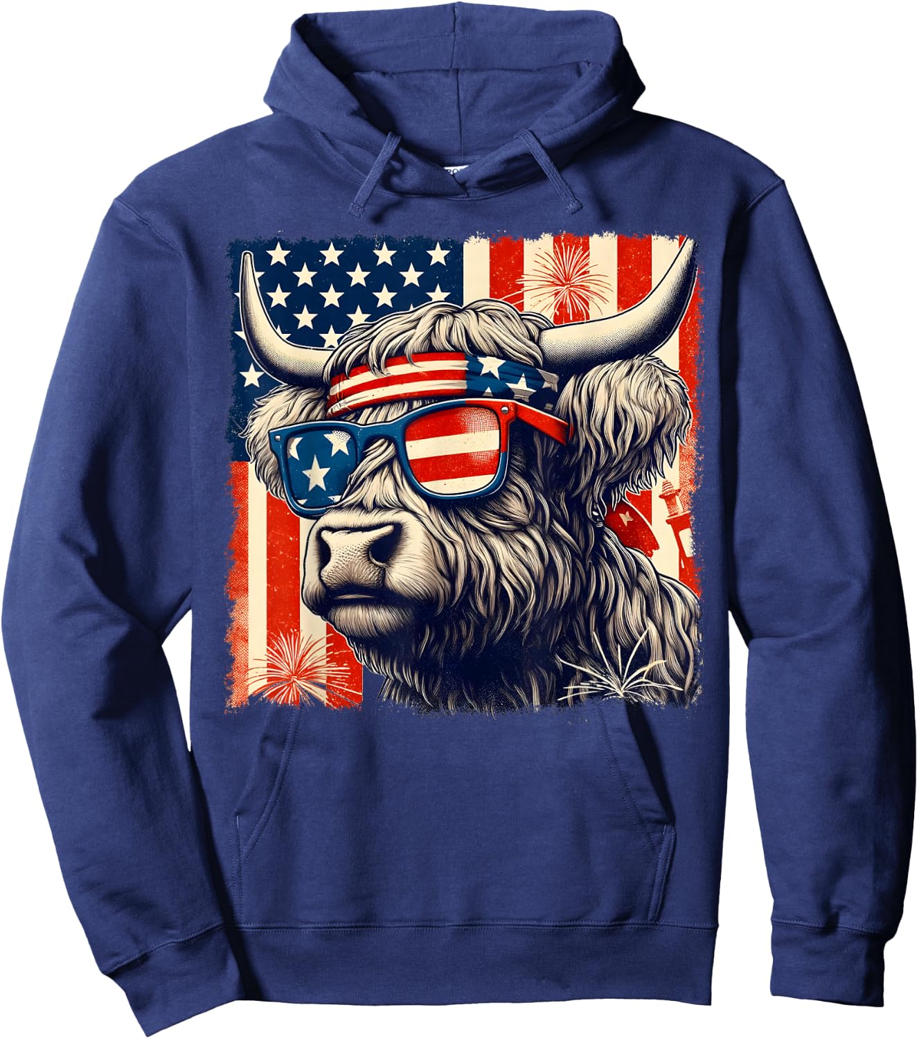 Highland Cow Sunglasses American Flag 4th of July Farmer Hoodie - Hoodie | Navy