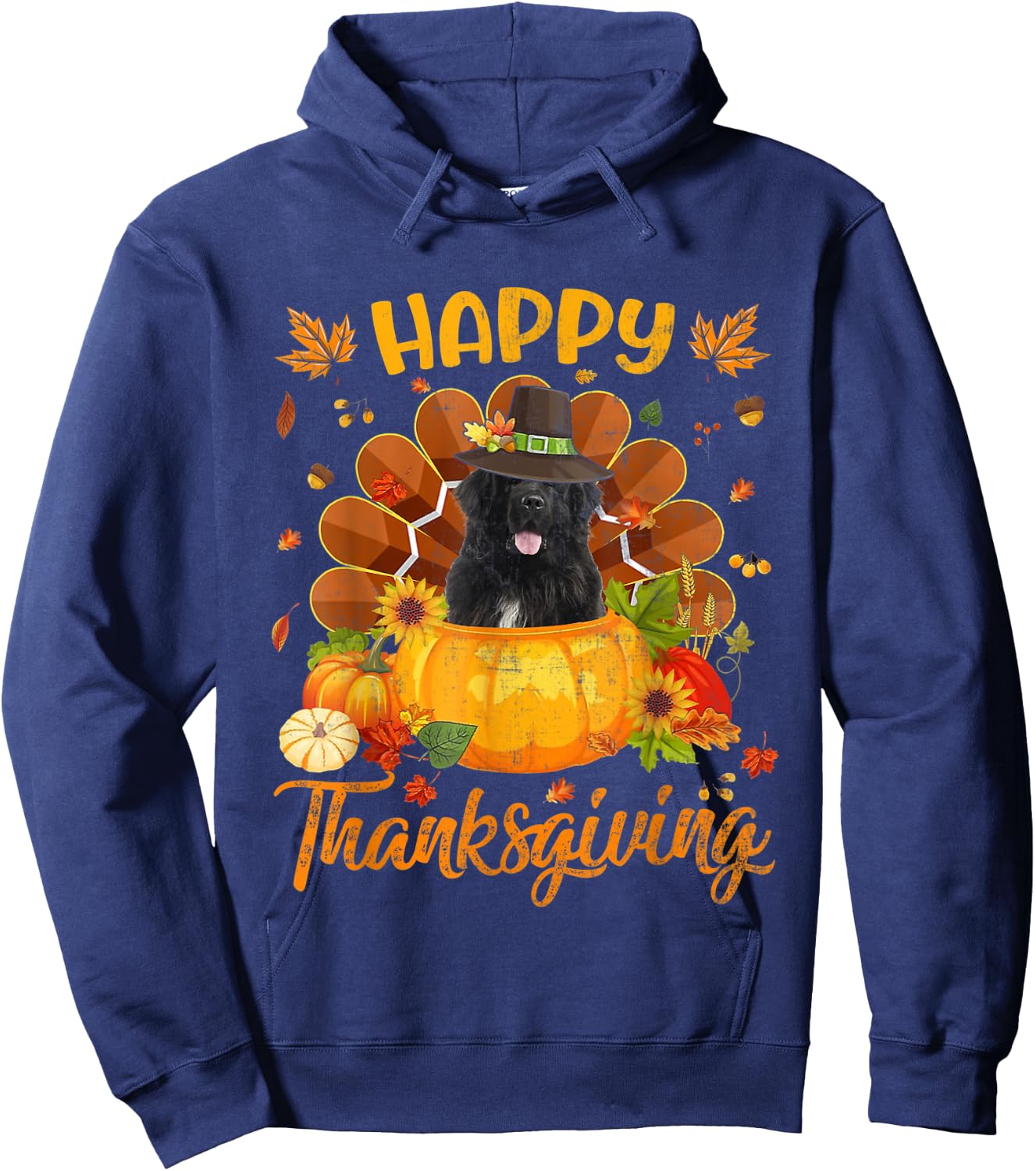 Happy Thanksgiving Newfoundland Dog Turkey Pumpkin Hoodie - Hoodie | Navy