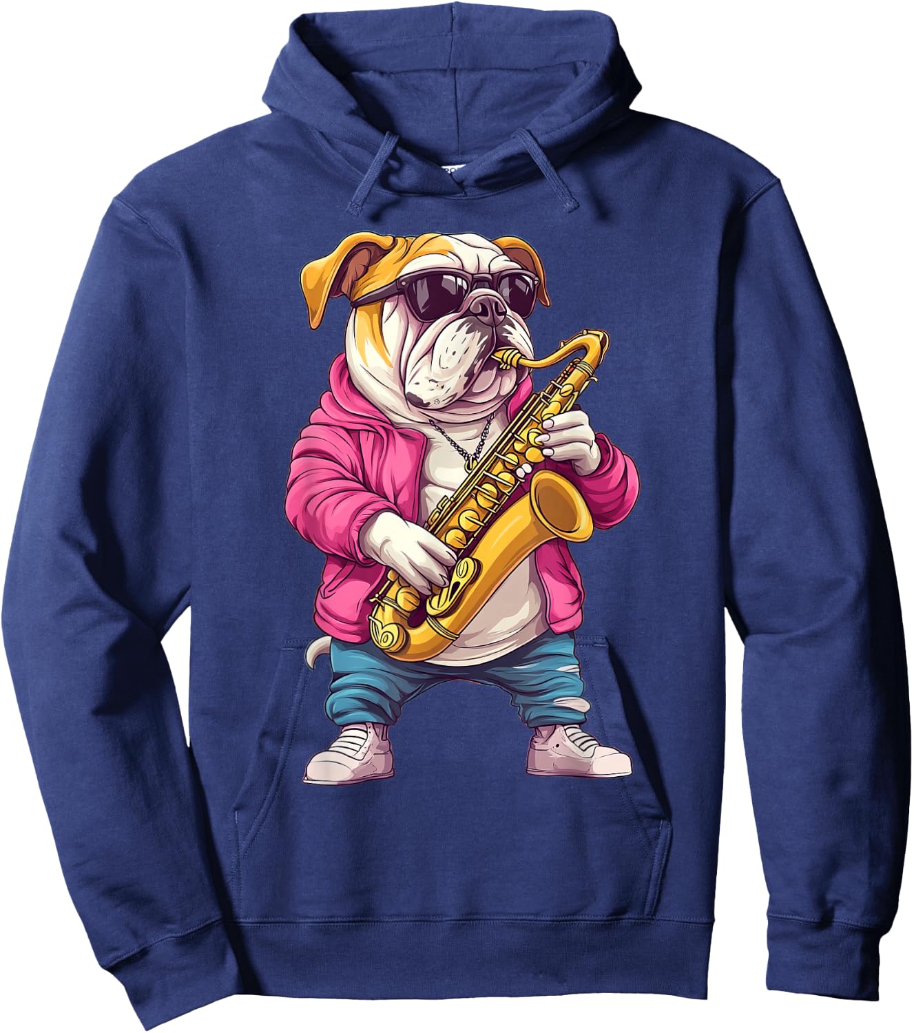 Cute English Bulldog Dog Playing Saxophone Musician Music Hoodie - Hoodie | Navy