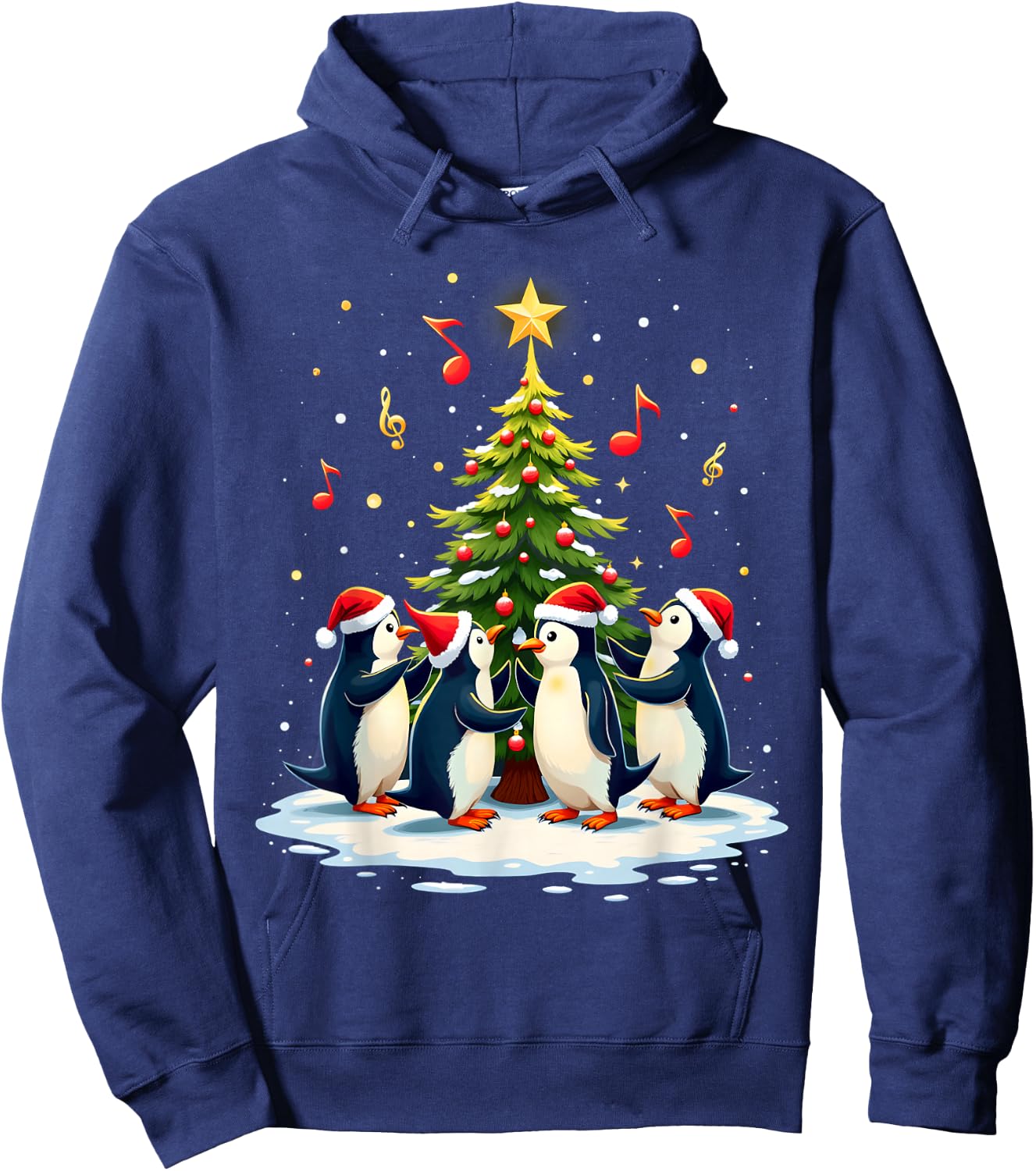 Kids Festive Penguins Singing Around Christmas Tree - Black, Small Hoodie - Hoodie | Navy