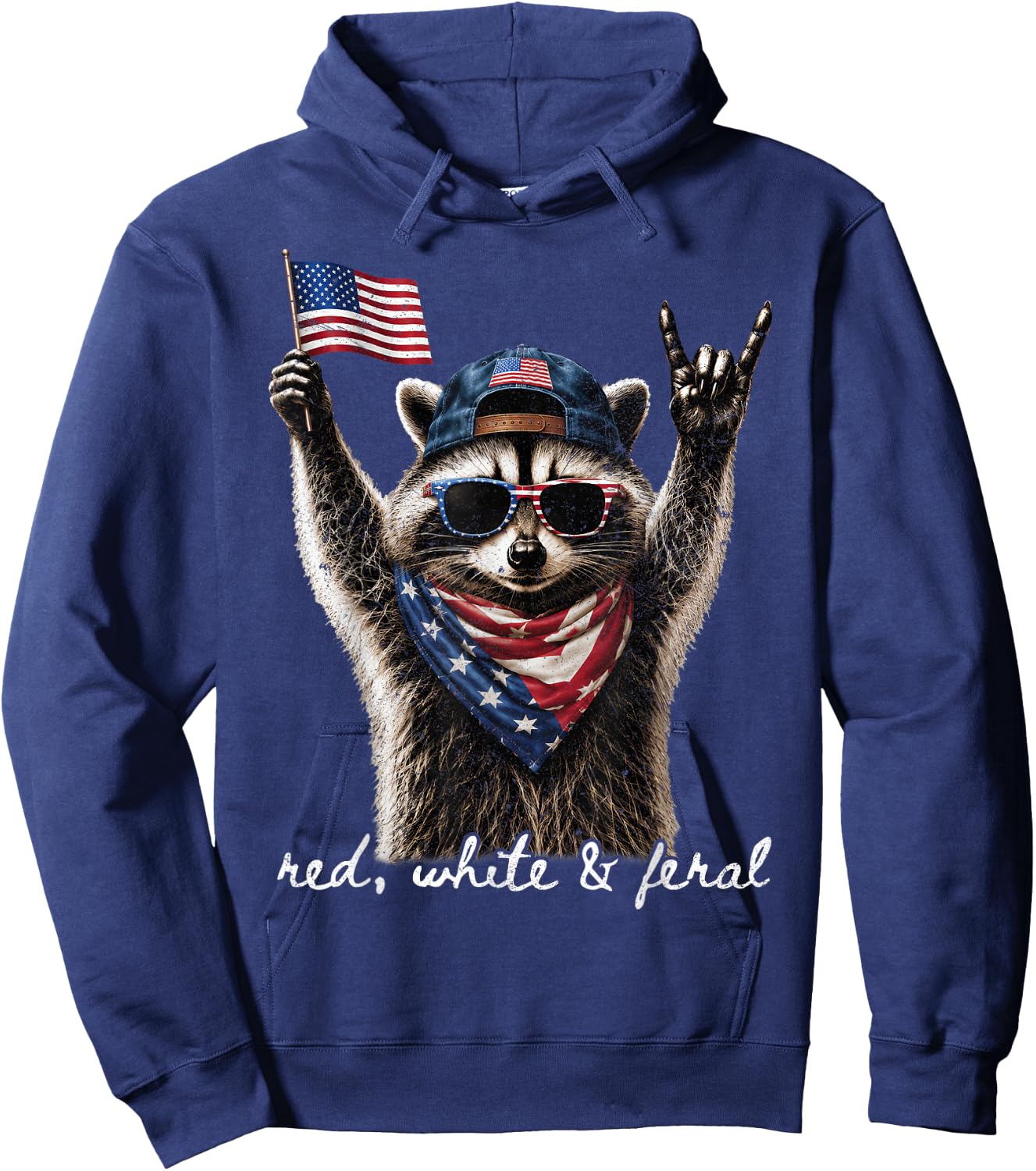 Red White & Feral Funny Patriotic Raccoon Rock 4th of July Hoodie - Hoodie | Navy