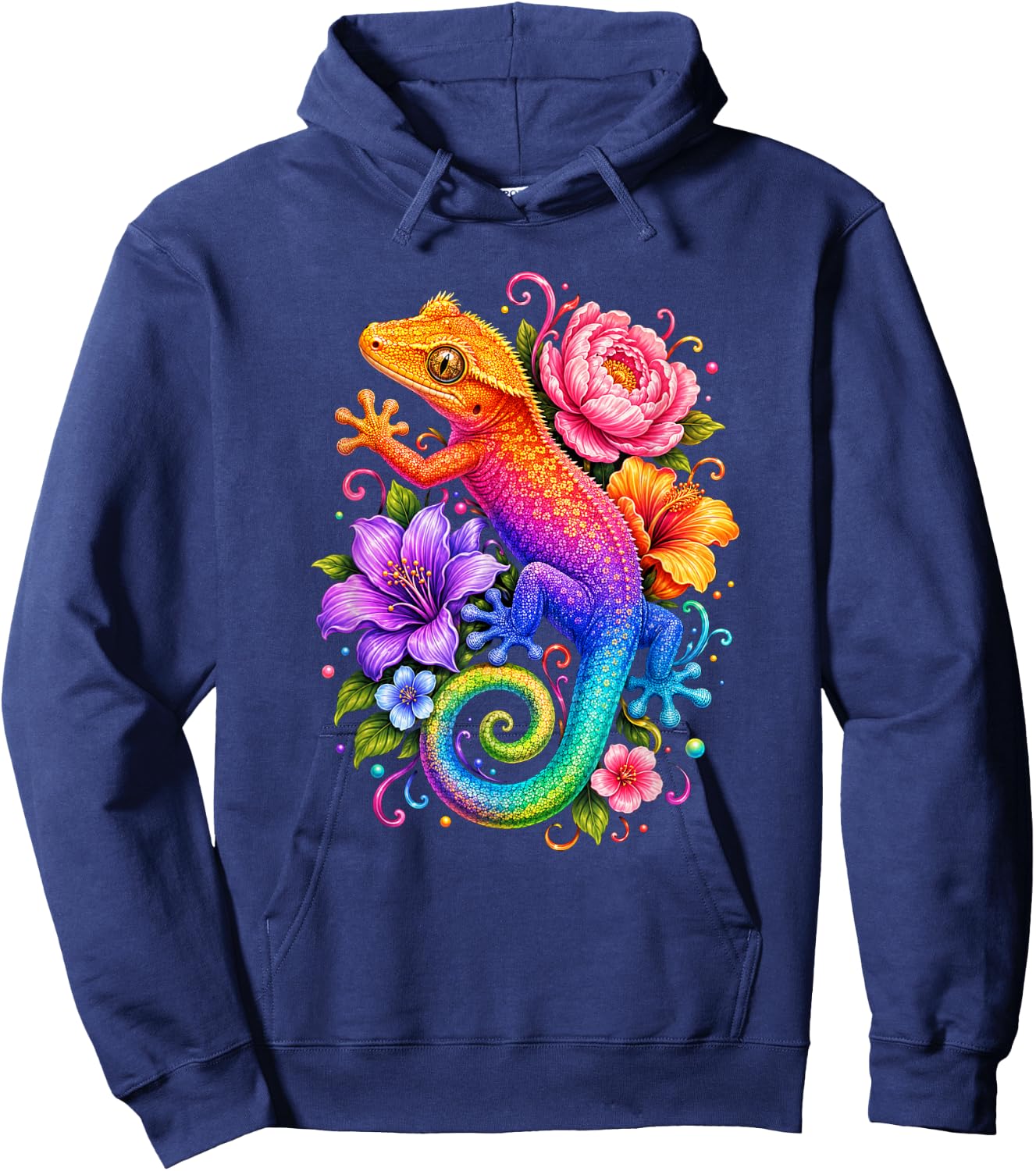 Cute Colorful Crested Gecko Flowers Rainbow Women Girls Kids Hoodie - Hoodie | Navy