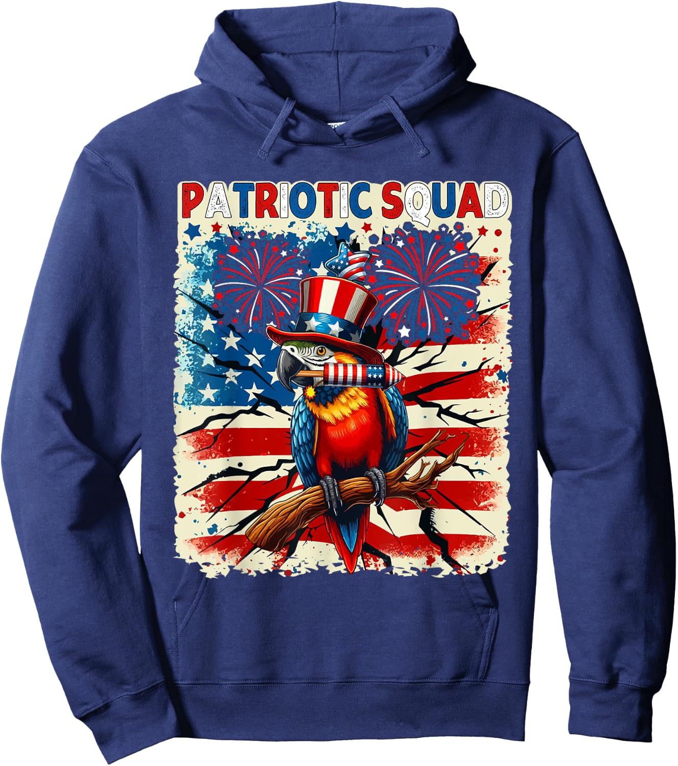 Patriotic Squad Parrot 4th Of July Fireworks US Flag Lover Kids Men Hoodie - Hoodie | Navy