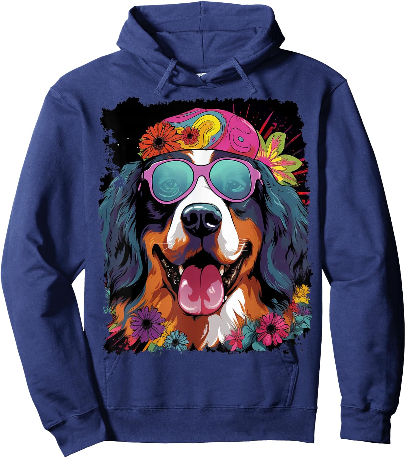 Pop Art Bernese Mountain Dog Flower Love Peace Hoodie - Hoodie | Navy