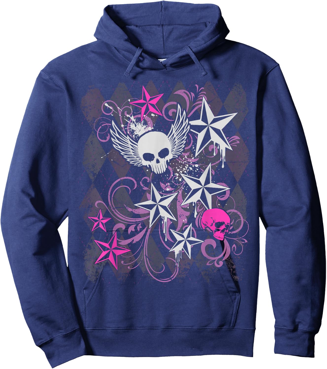 Y2k Grunge with Skull Wings Star Hot Pink 2000s Emo Teen Hoodie - Hoodie | Navy