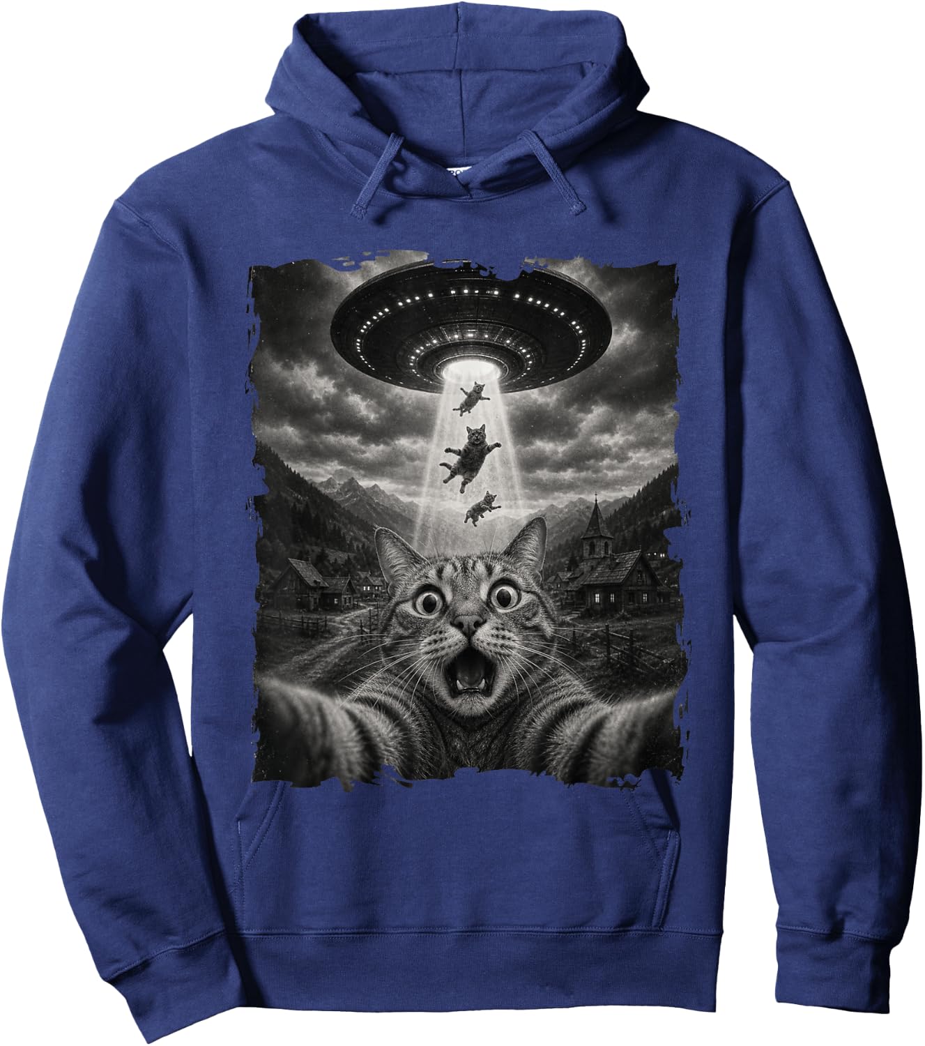 Funny Cat Seflie with Alien UFO Abduction Space Cat Meme Hoodie - Hoodie | Navy
