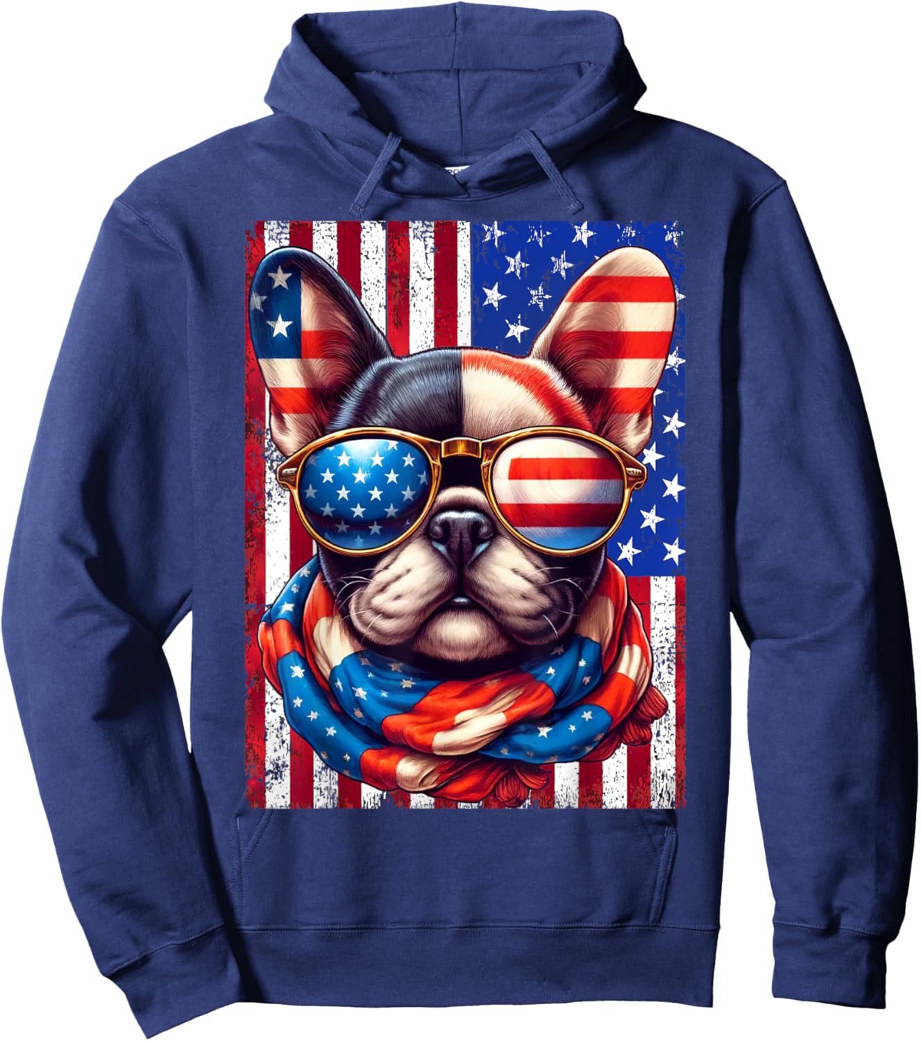 French Bulldog USA Flag Sunglasses 4th of July Patriotic Dog Hoodie - Hoodie | Navy