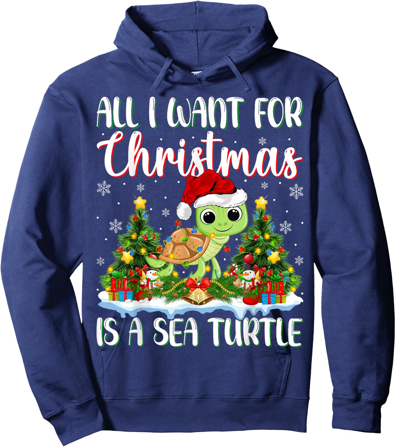 I Want For Christmas Is A Sea Turtle Xmas Tree Lights Hoodie - Hoodie | Navy