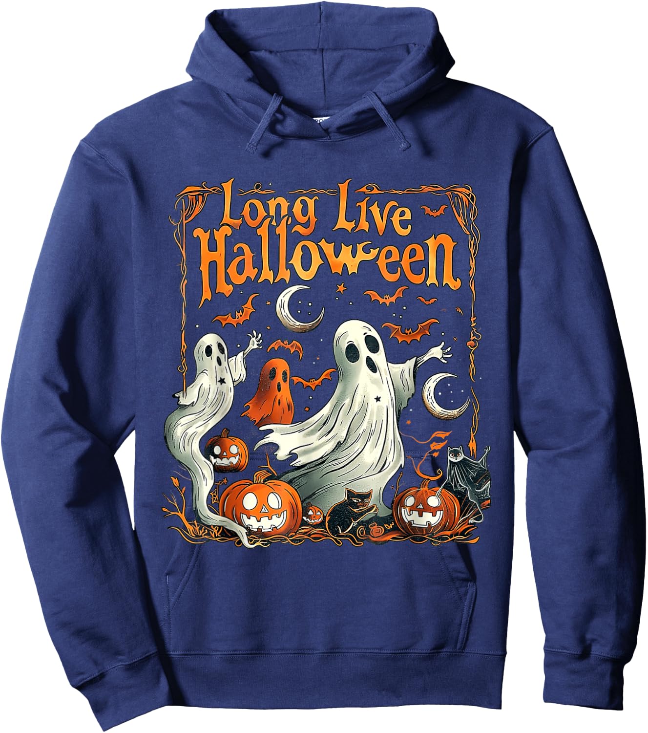 Retro Long Live Halloween Spooky Season Pumpkin Ghost Hoodie - Hoodie | Navy