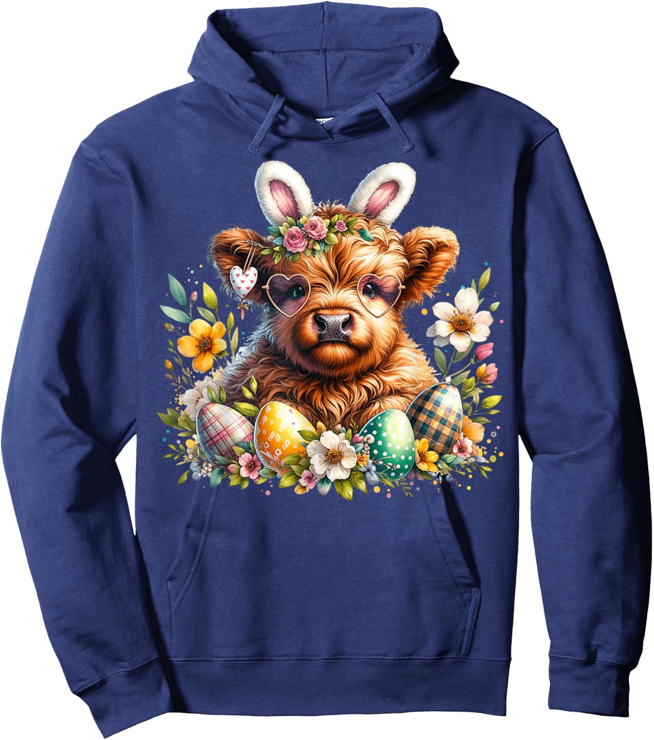 Highland Cow Easter Bunny Moo Basket Egg Floral Women Girls Hoodie - Hoodie | Navy