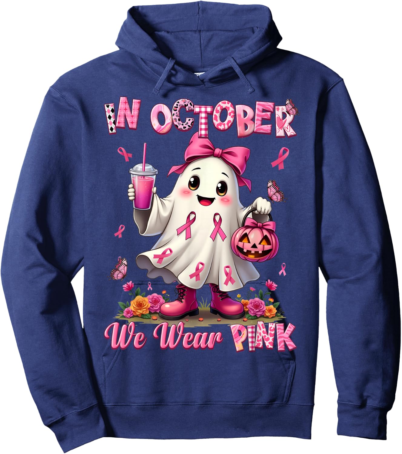 In October We Wear Pink Ghost Breast Cancer Awareness Hoodie - Hoodie | Navy