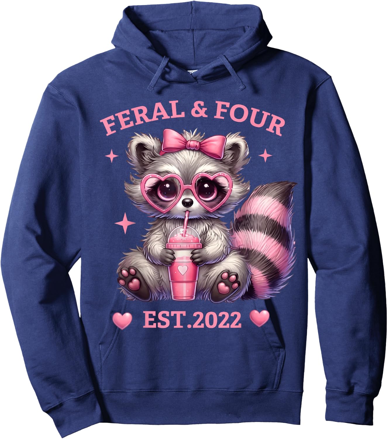 Feral and Four Est 2022 Pink Bow Cute Raccoon 4th Birthday Hoodie - Hoodie | Navy