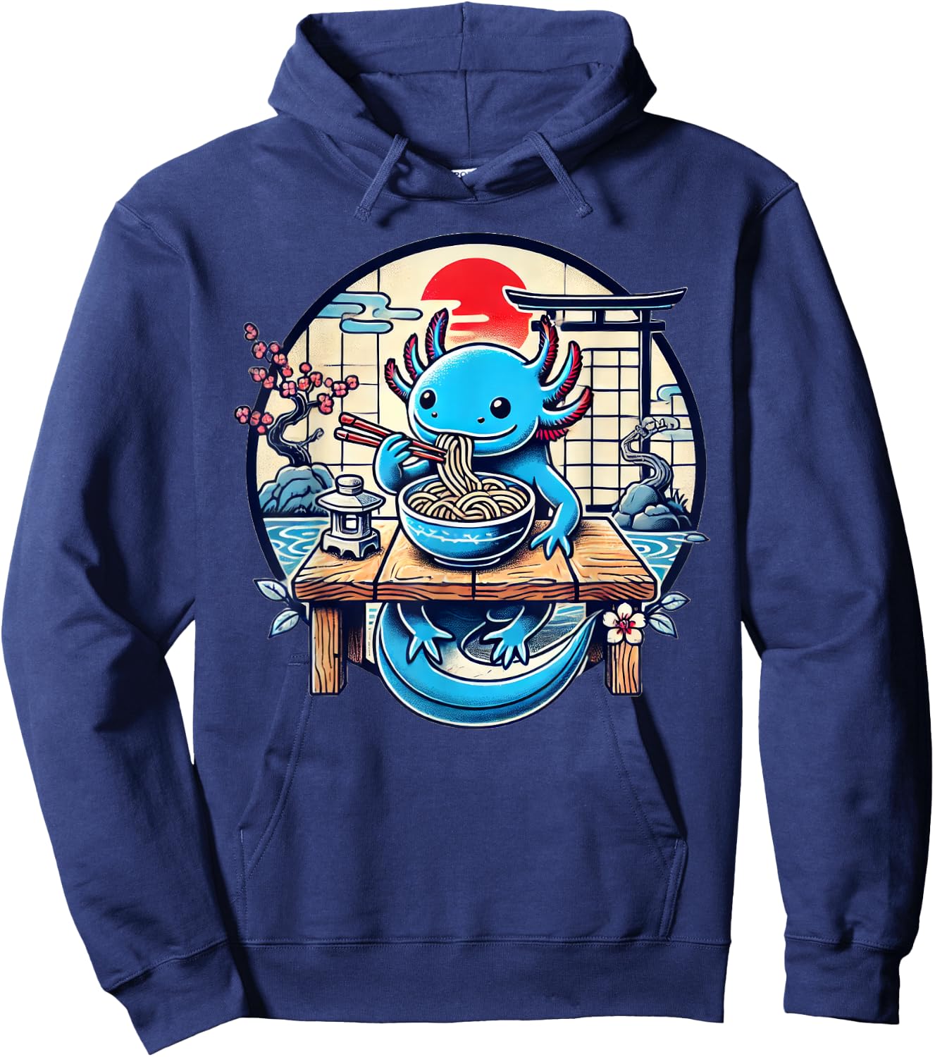 Kawaii Axolotl Eating Ramen Noodles Japanese Hoodie - Hoodie | Navy