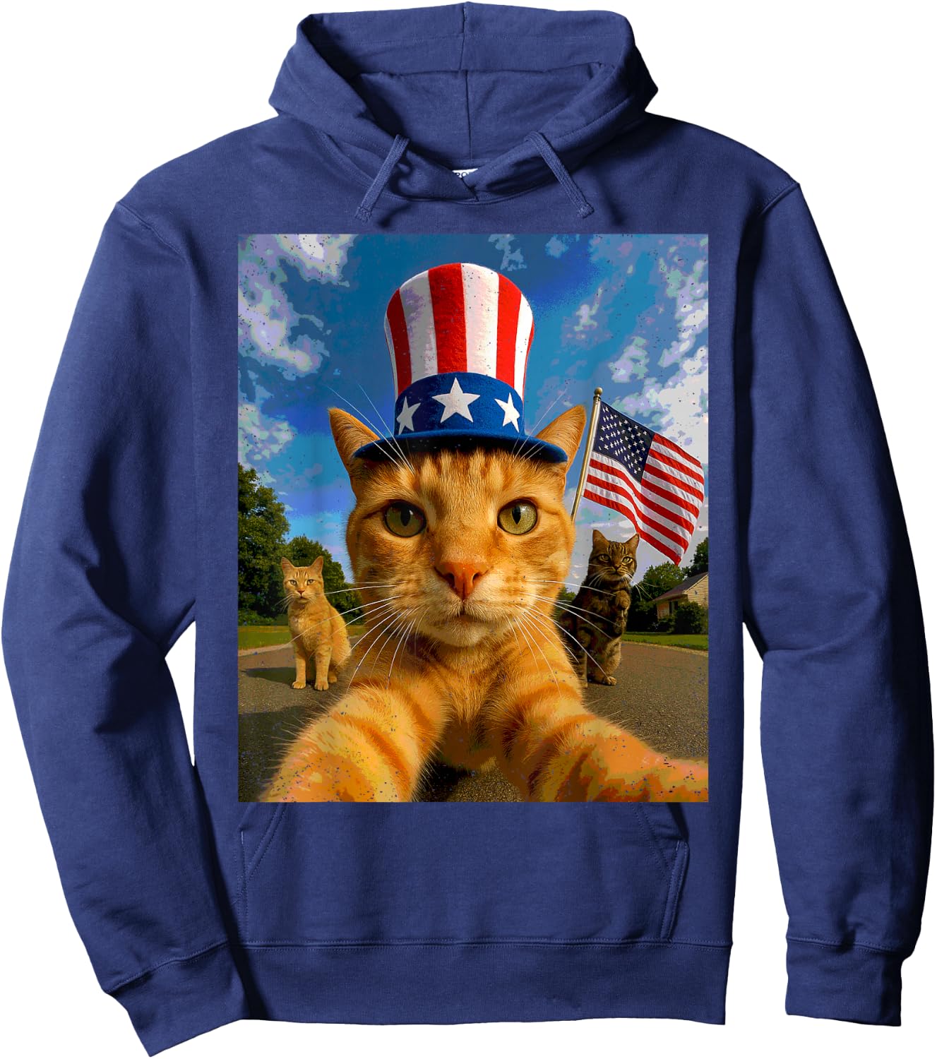 Cat Selfie American Flag 4th Of July Patriotic Kitten Lover Hoodie - Hoodie | Navy