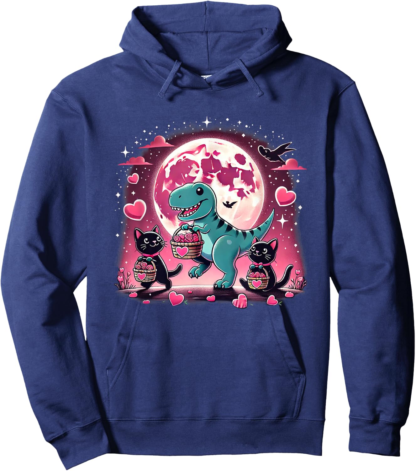 Funny Cats and Dino Valentine’s T-Rex Hearts Hoodie - Hoodie | Navy