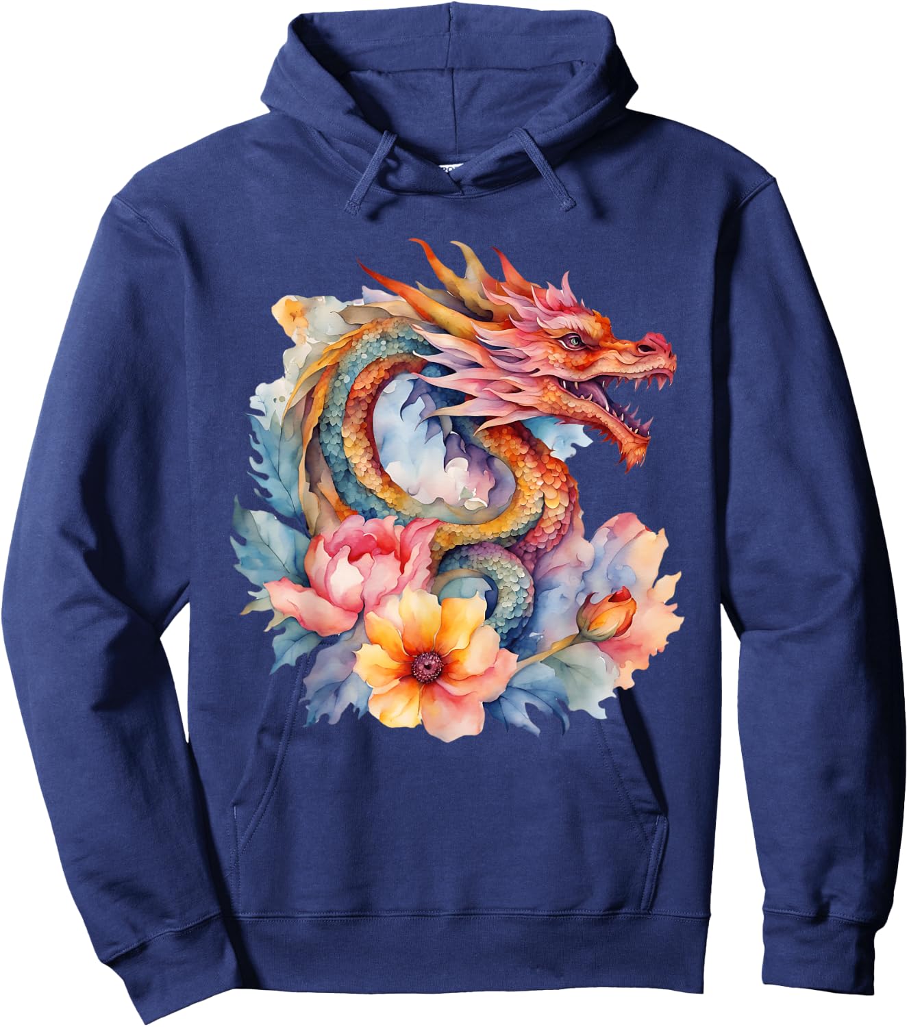 Watercolor Dragon Flowers Beautiful Art Colorful Graphic Hoodie - Hoodie | Navy