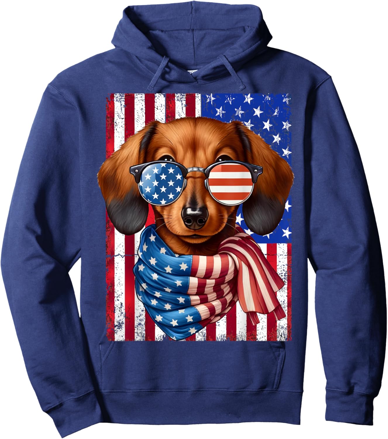 Dachshund Dog USA Flag Sunglasses Patriotic 4th of July Men Women Hoodie - Hoodie | Navy