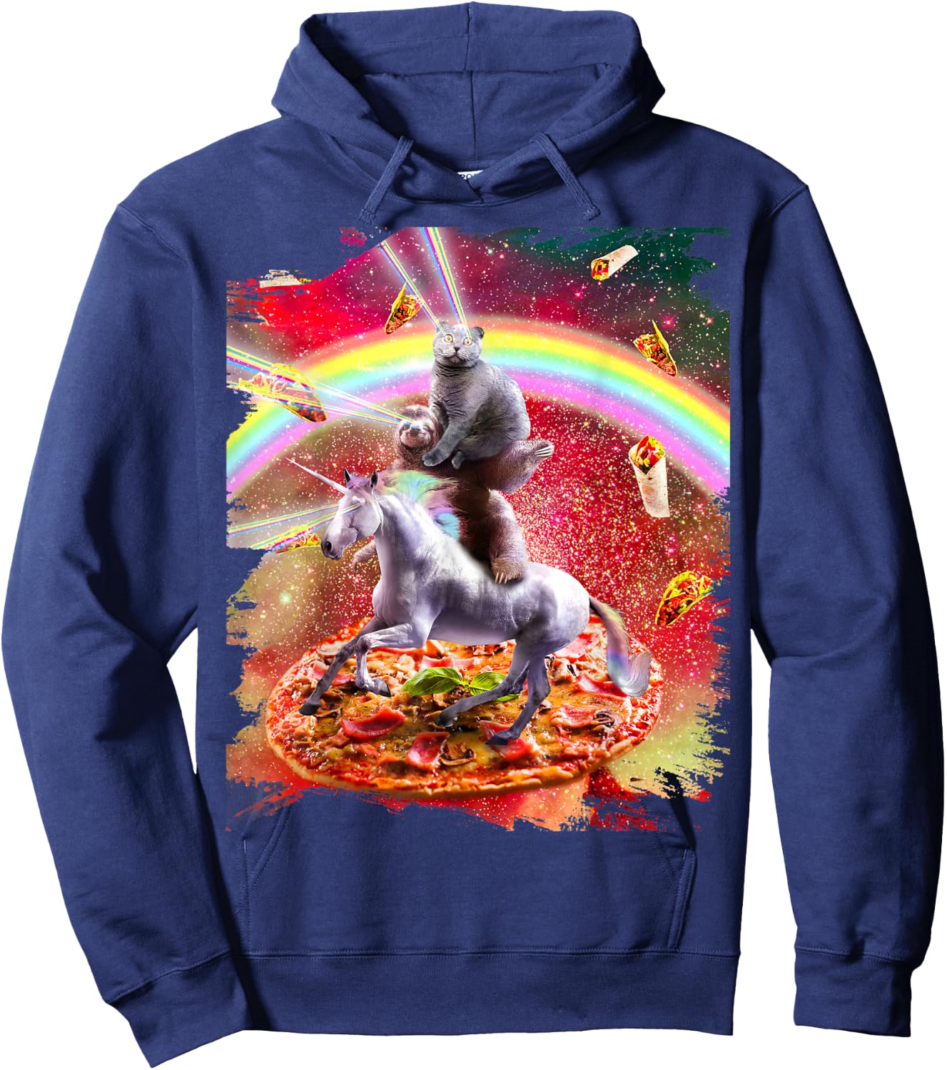 Laser Eyes Space Cat On Sloth Unicorn - Rainbow Hoodie - Hoodie | Navy