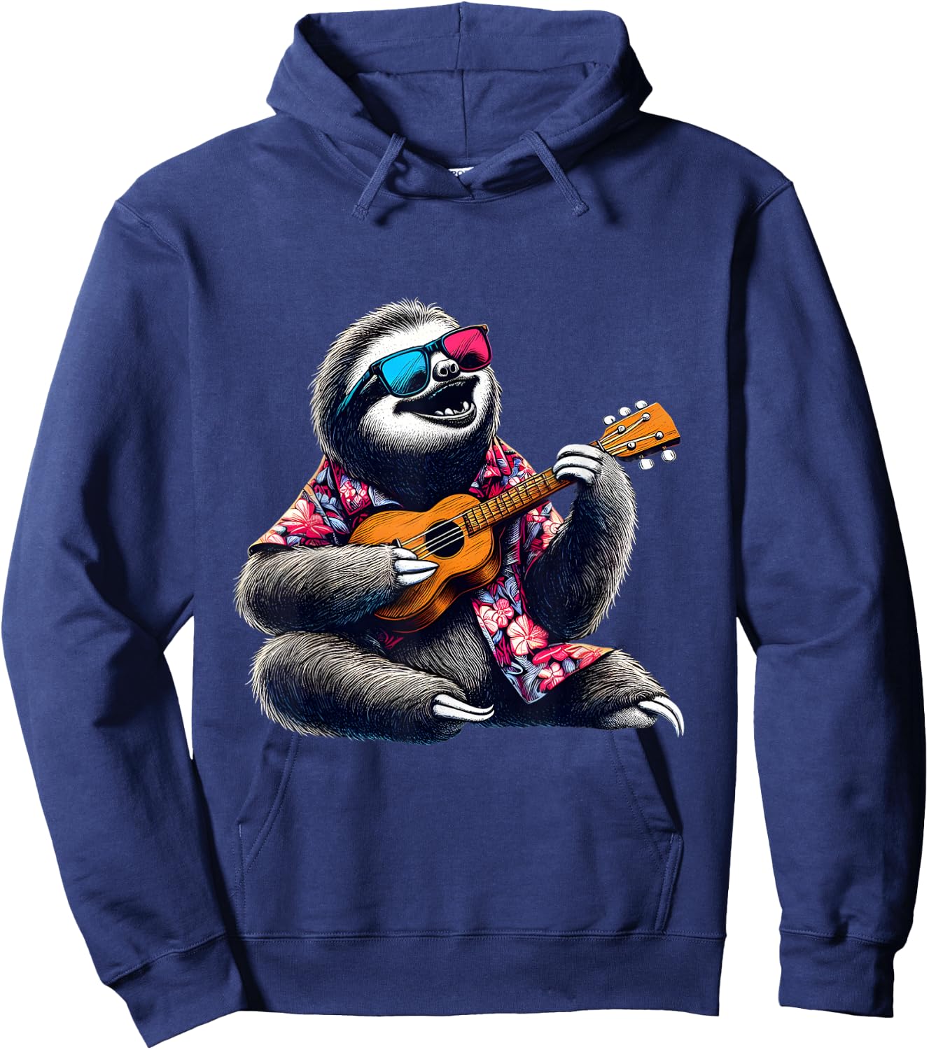 Sloth Wearing a Hawaiian Shirt, Playing a Ukulele Hoodie - Hoodie | Navy