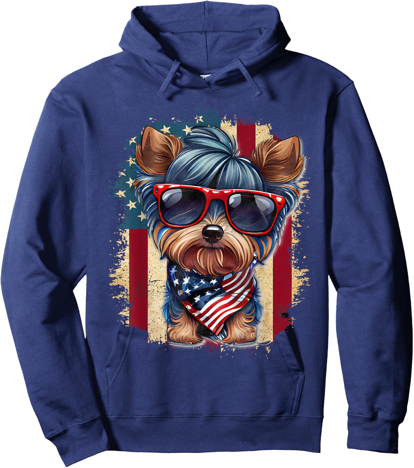 Cute Yorkie Dog Lover July 4th USA Flag Patriotic Merica Hoodie - Hoodie | Navy