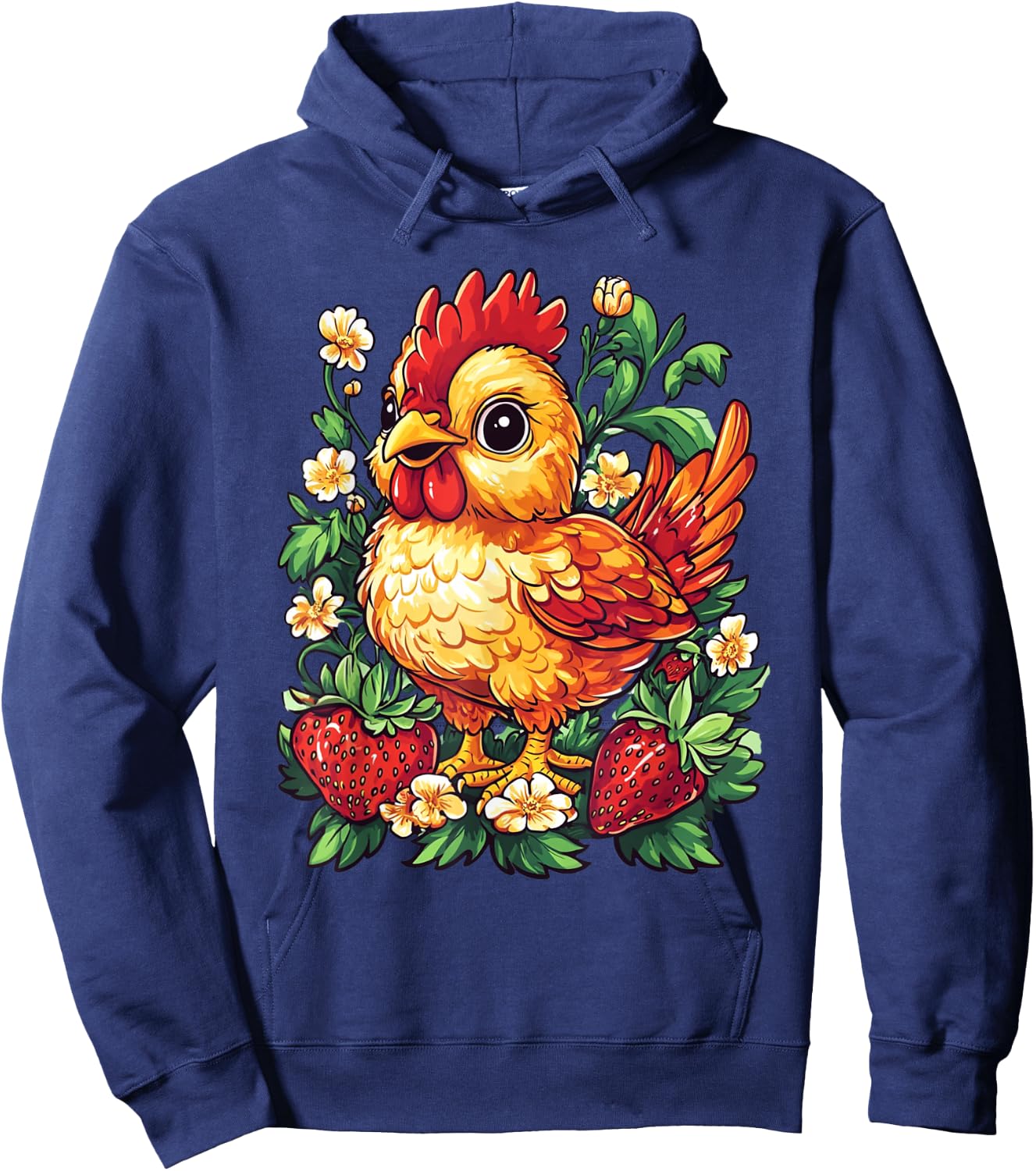 Chicken Strawberries and Flowers Graphic Cute Chicken Hoodie - Hoodie | Navy