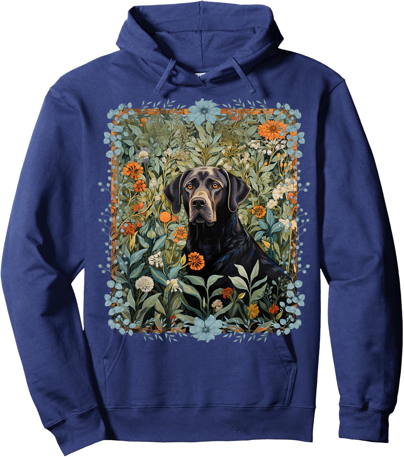 Black Labrador Retriever in William Morris Style Garden Hoodie - Hoodie | Navy