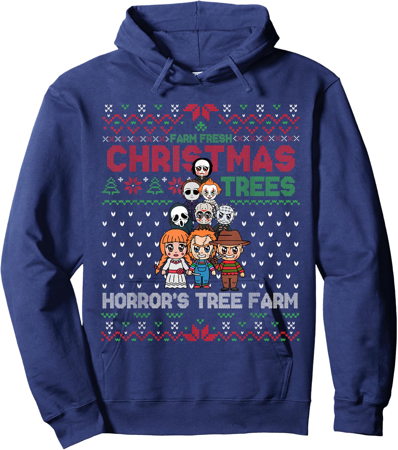 Christmas Trees Horror's Tree Farm, Scary Characters Xmas Hoodie - Hoodie | Navy
