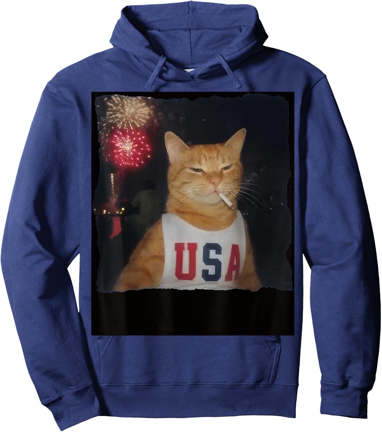 Funny Patriotic Orange Cat Fireworks 4th of July USA Flag Hoodie - Hoodie | Navy