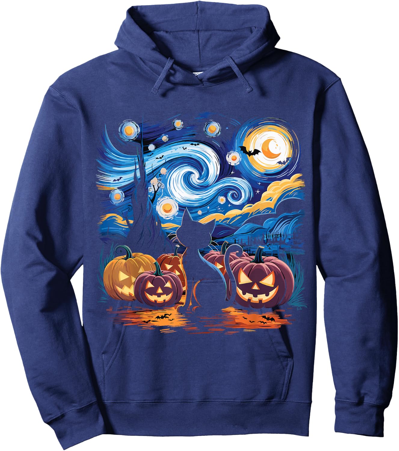 Halloween Van Gogh Starry Night Black Cat Pumpkin Shirt Men Women Kids Hoodie - Hoodie | Navy