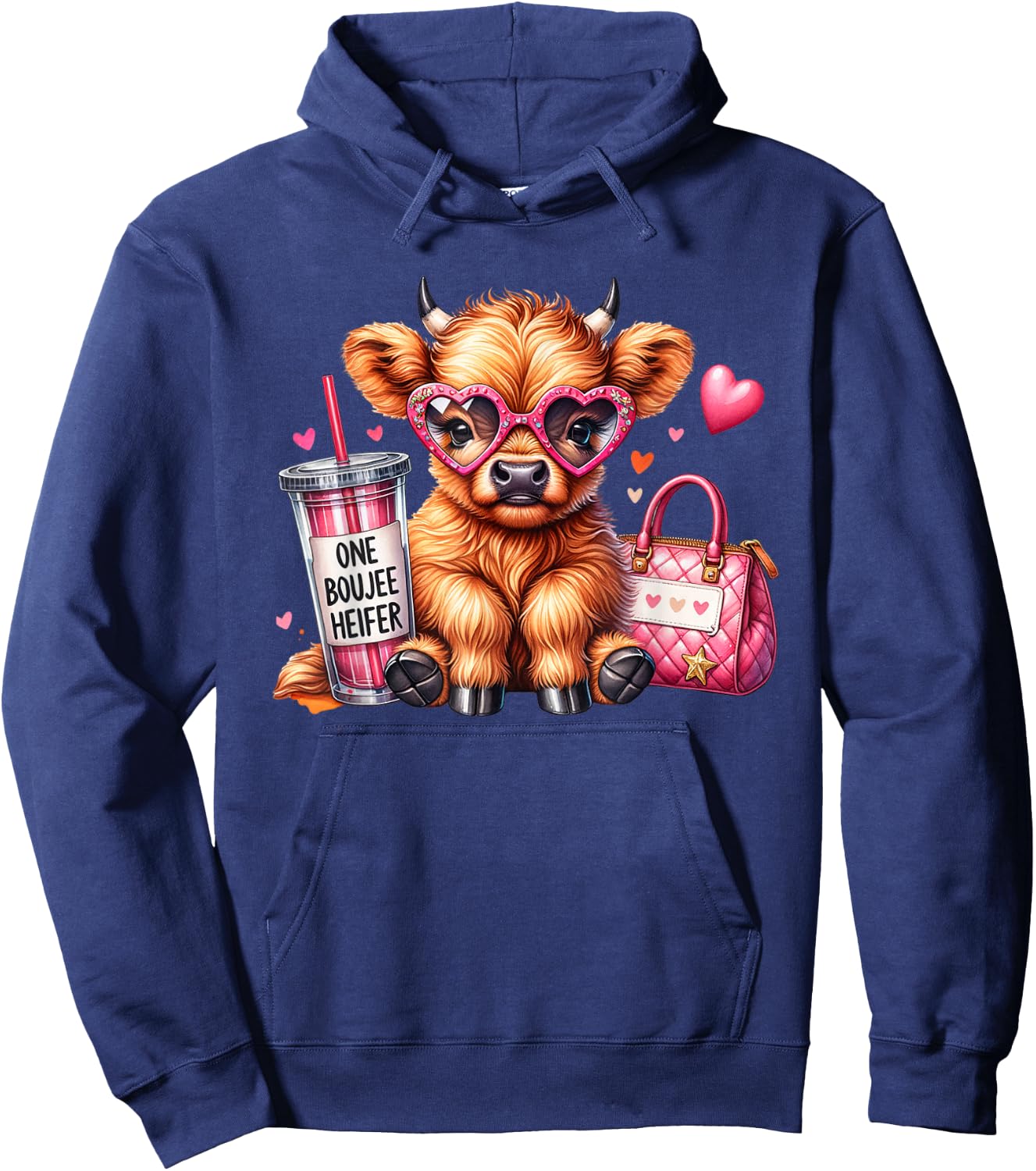 One Boujee Heifer Highland Cow Bougie Pink Tumbler Handbag Hoodie - Hoodie | Navy