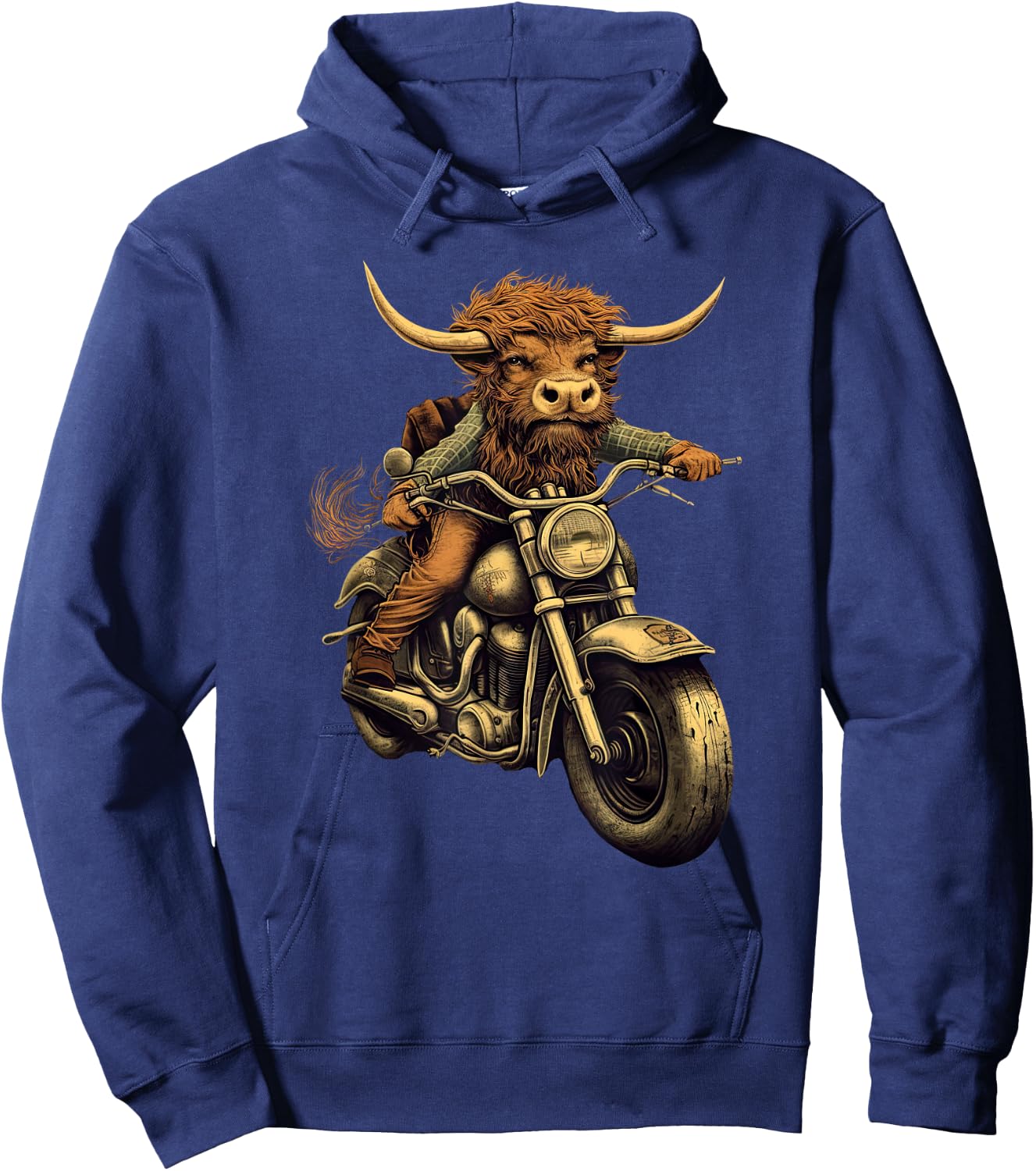 Scottish Highland Cow Cattle Hairy Cow Rides motorcycle men Hoodie - Hoodie | Navy