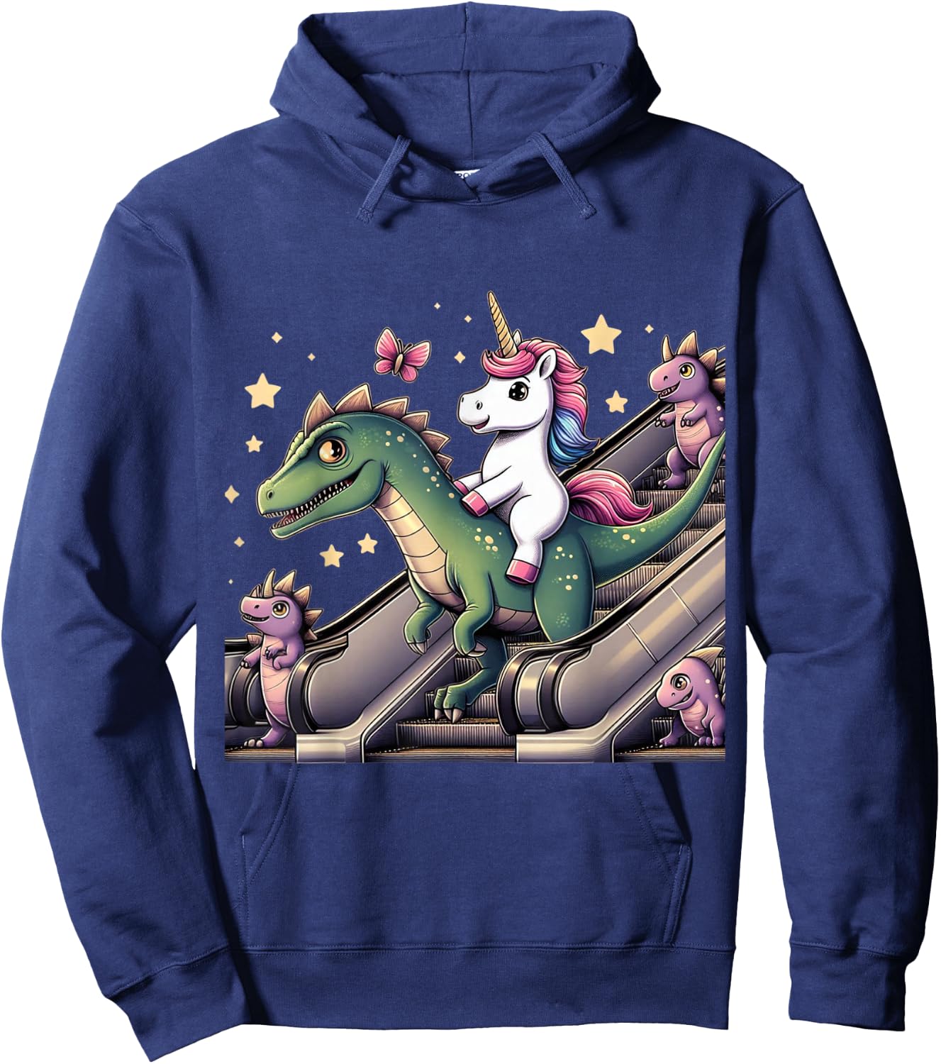 Unicorn Dinosaur Escalator Girls Boys Men Women Kids Rainbow Hoodie - Hoodie | Navy