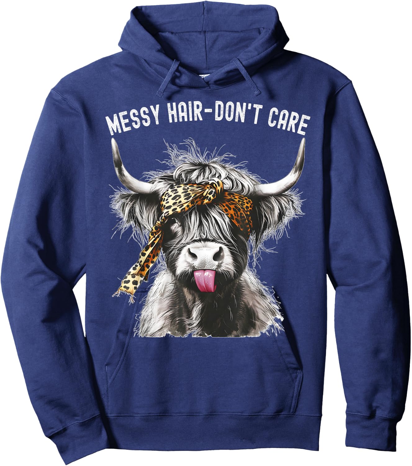 Highland Cow Leopard Print Messy Hair Don't Care Western Hoodie - Hoodie | Navy