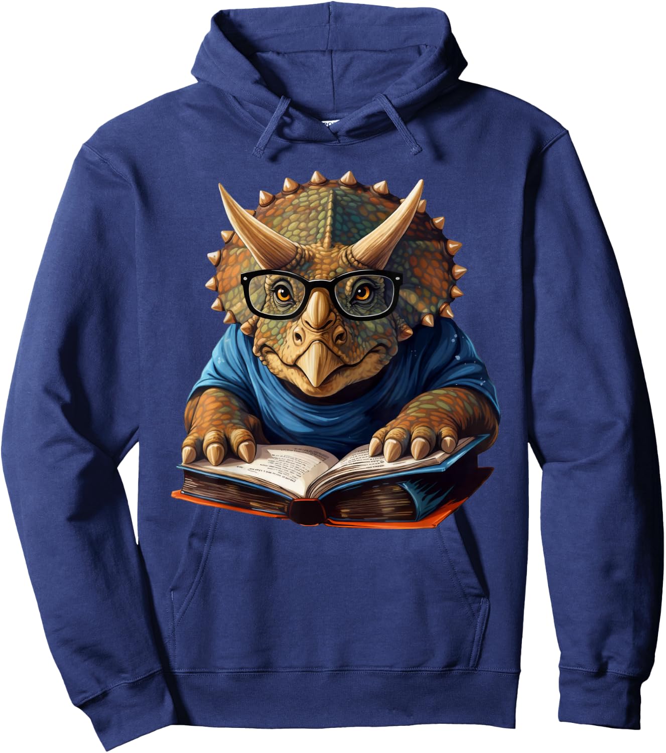Triceratops Dinosaur Reading Book Nerd Hoodie - Hoodie | Navy