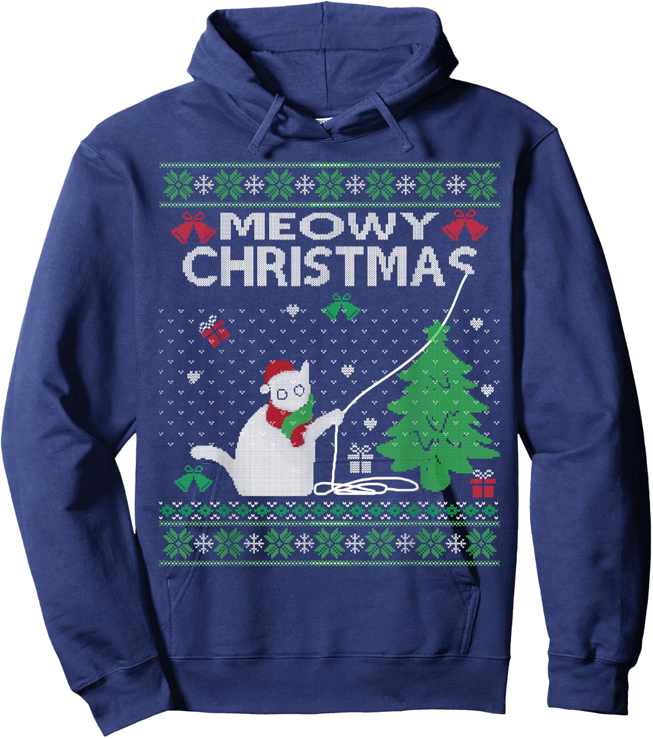Funny Meowy Christmas Cats Xmas Cute Cat Lover Ugly Sweater Men Women Kids Hoodie - Hoodie | Navy