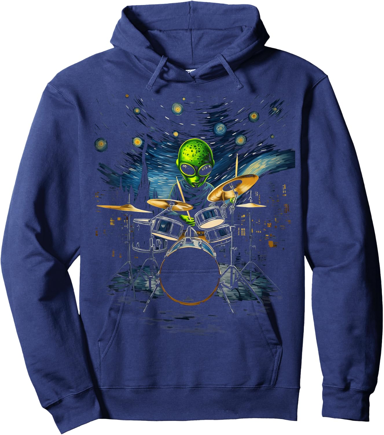 Van Gogh Alien Percussionist Drum Kit Playing Drum , Black, S Hoodie - Hoodie | Navy