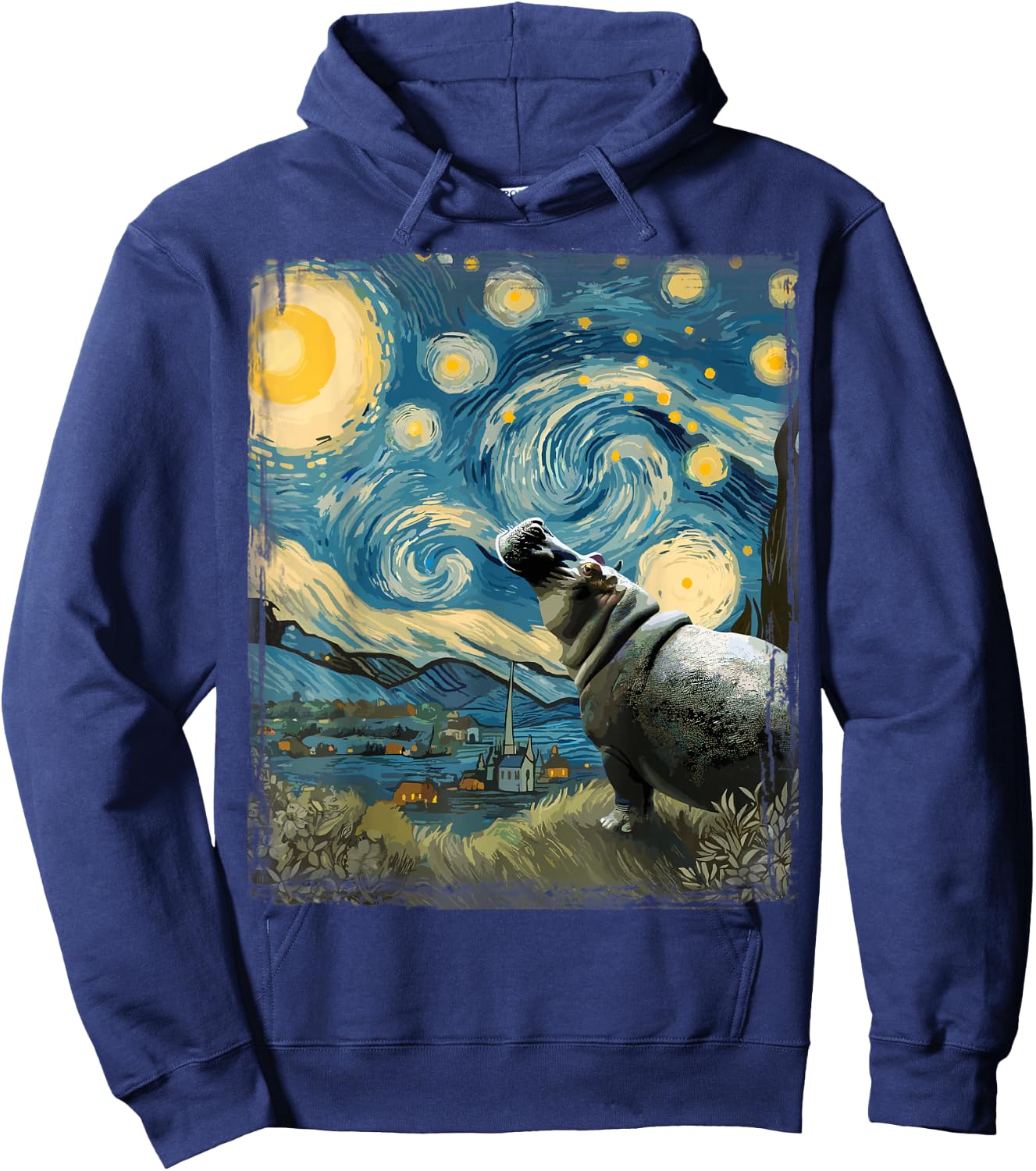 Hippo Starry Night Art Parody Funny Surreal Hippopotamus Hoodie - Hoodie | Navy