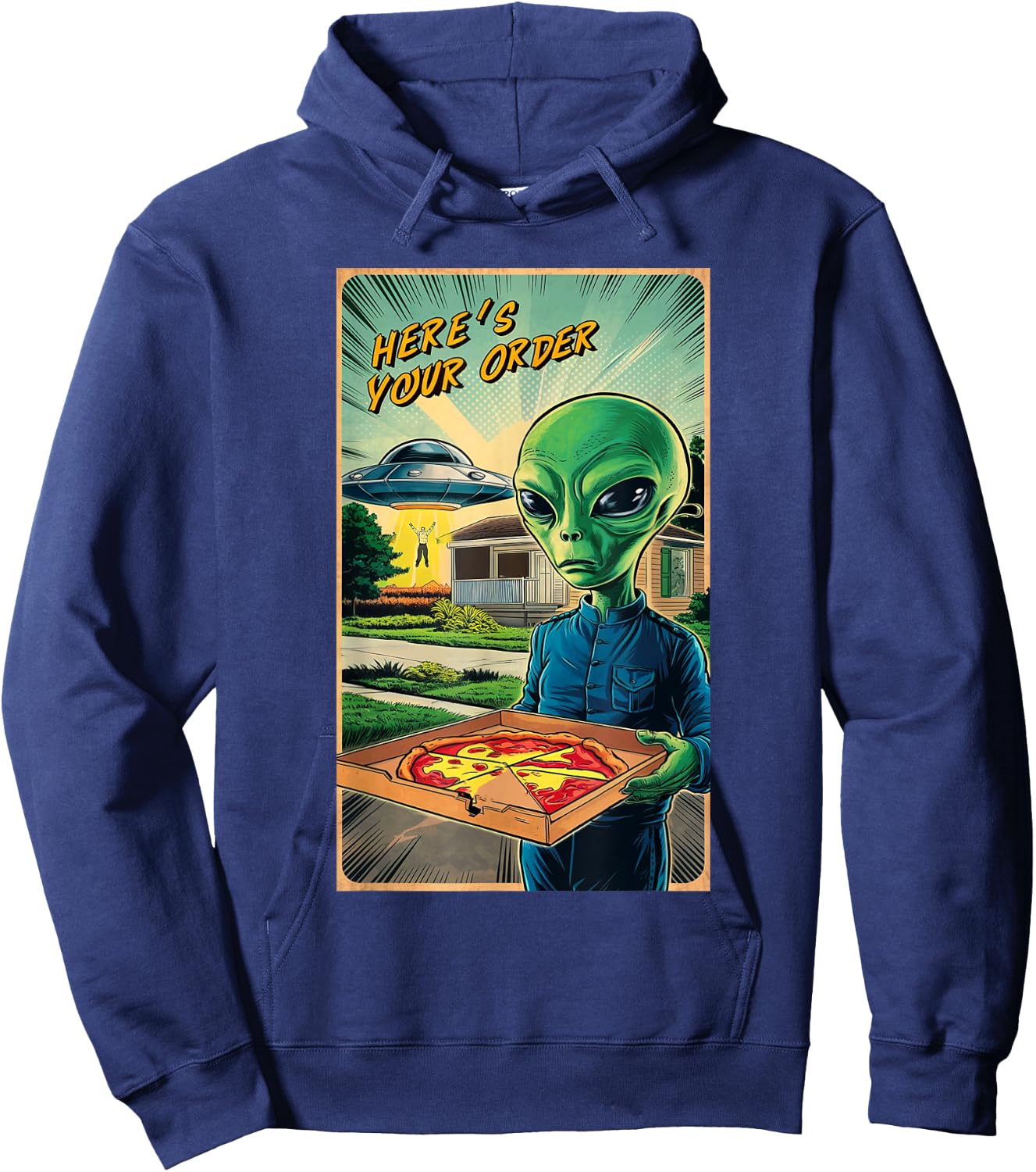 Funny Alien Delivery Pizza UFO Alien Eating Pizza Hoodie - Hoodie | Navy