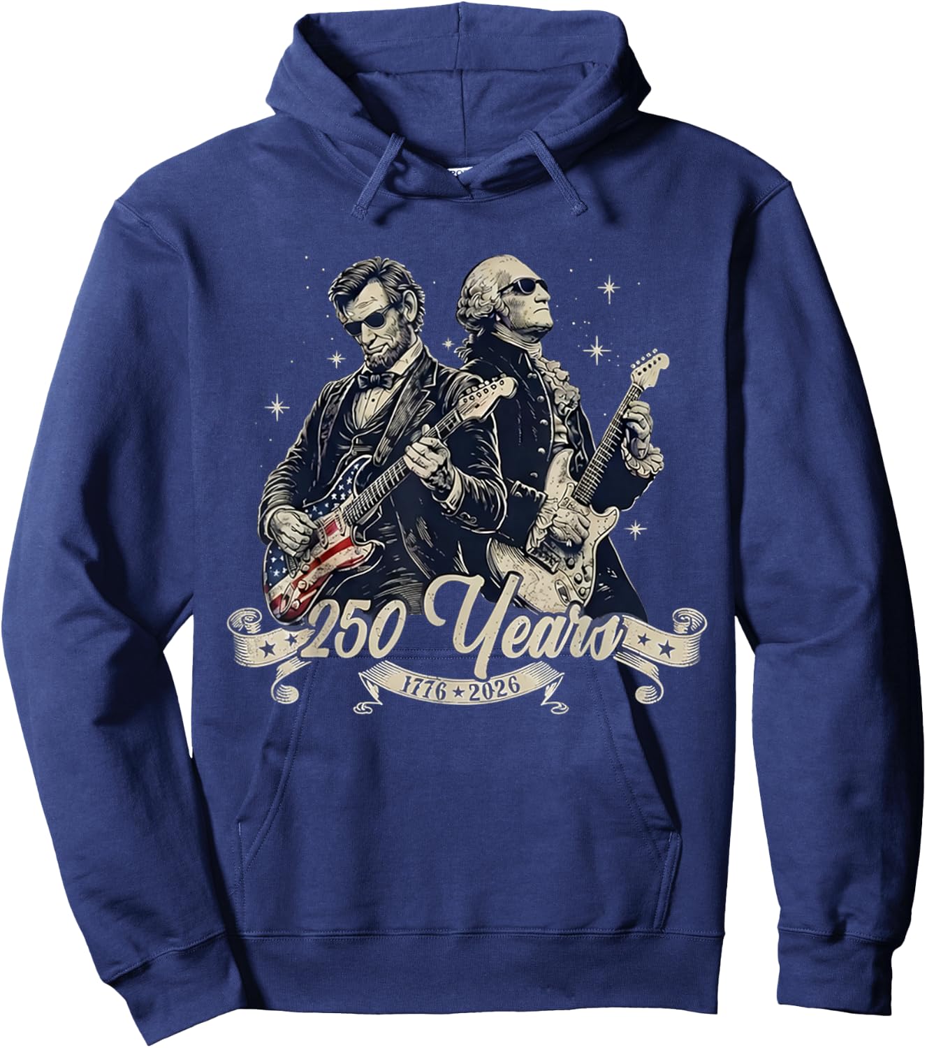 Patriotic 250th George Washington Abe Lincoln Playing Guitar Hoodie - Hoodie | Navy