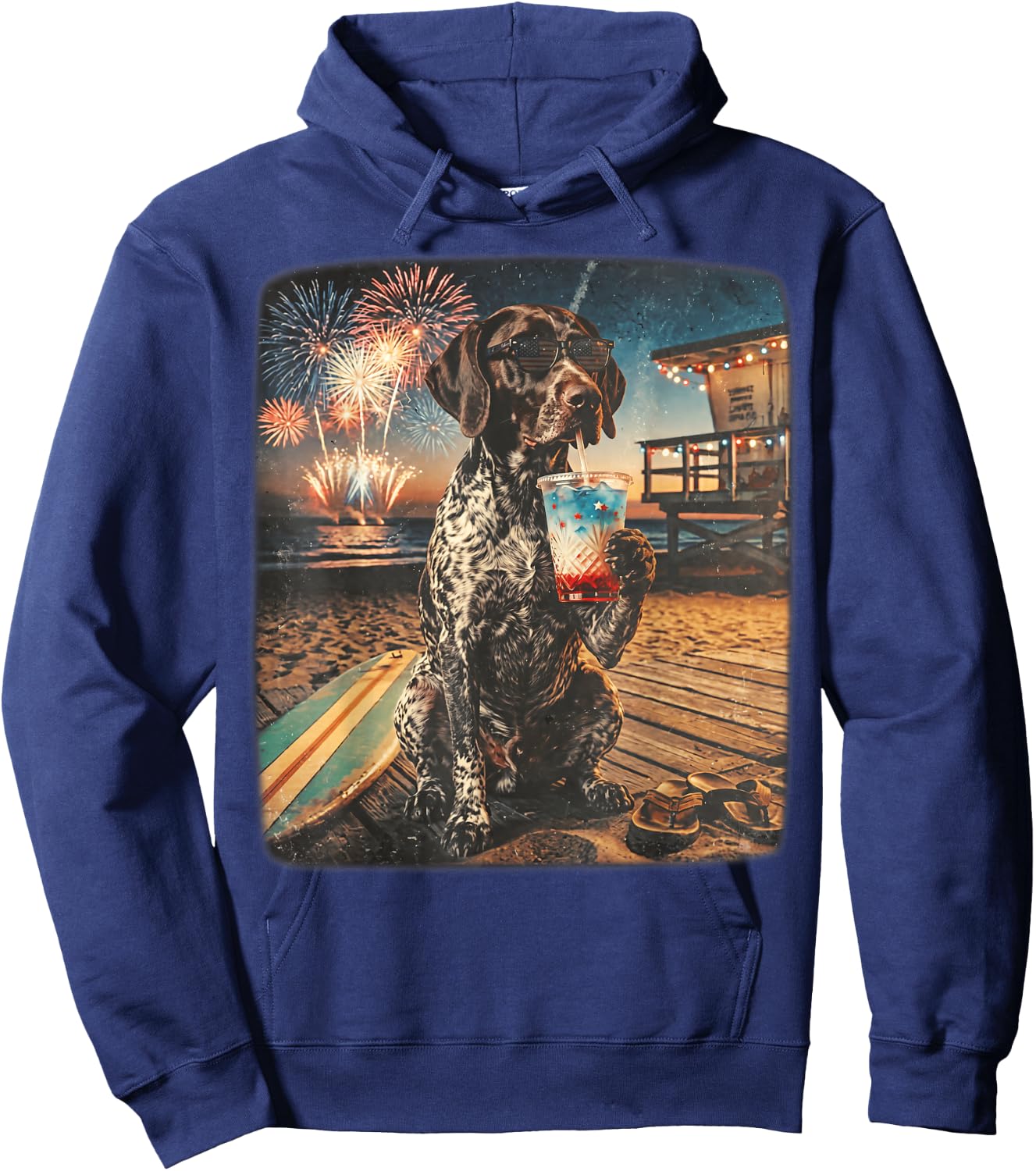 German Shorthaired Pointer Patriotic Beach Fireworks Dog Art Hoodie - Hoodie | Navy