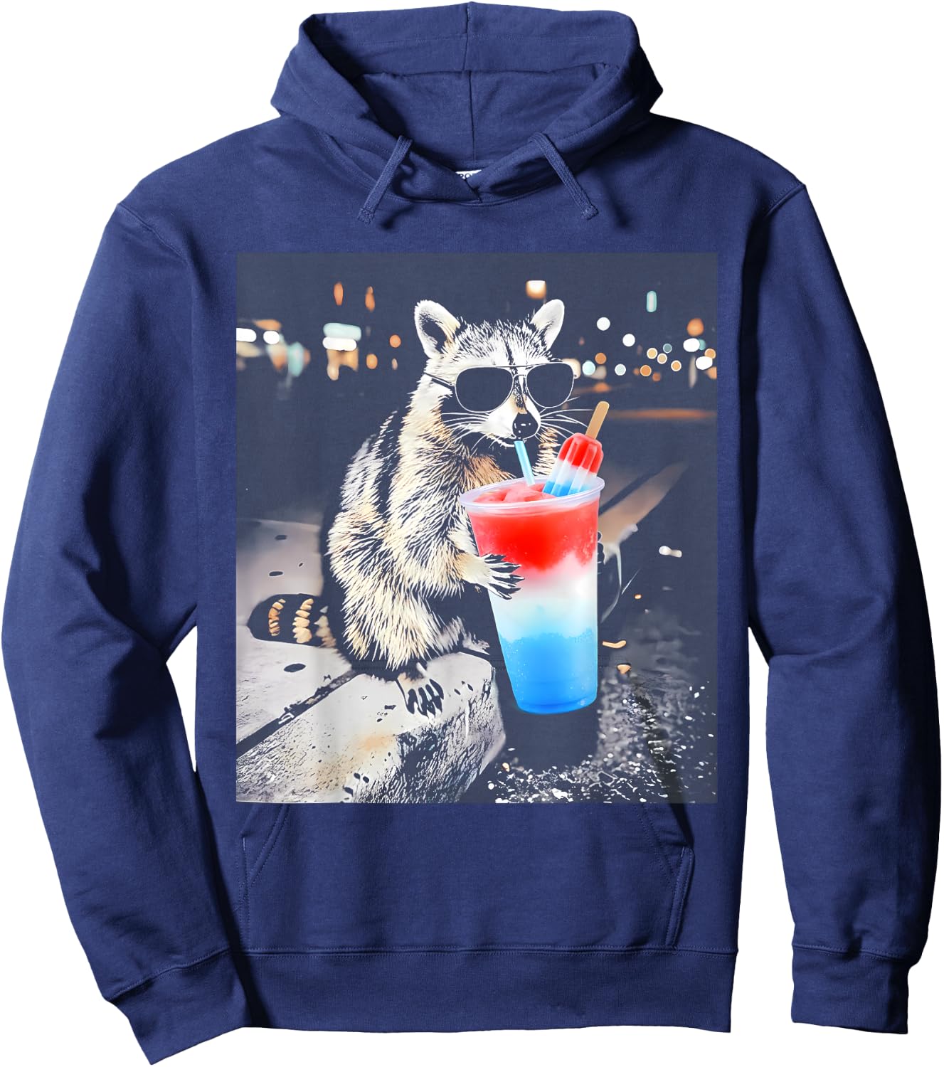 Funny Raccoon Drinking Red White Blue Popsicle Meme US Flag Hoodie - Hoodie | Navy