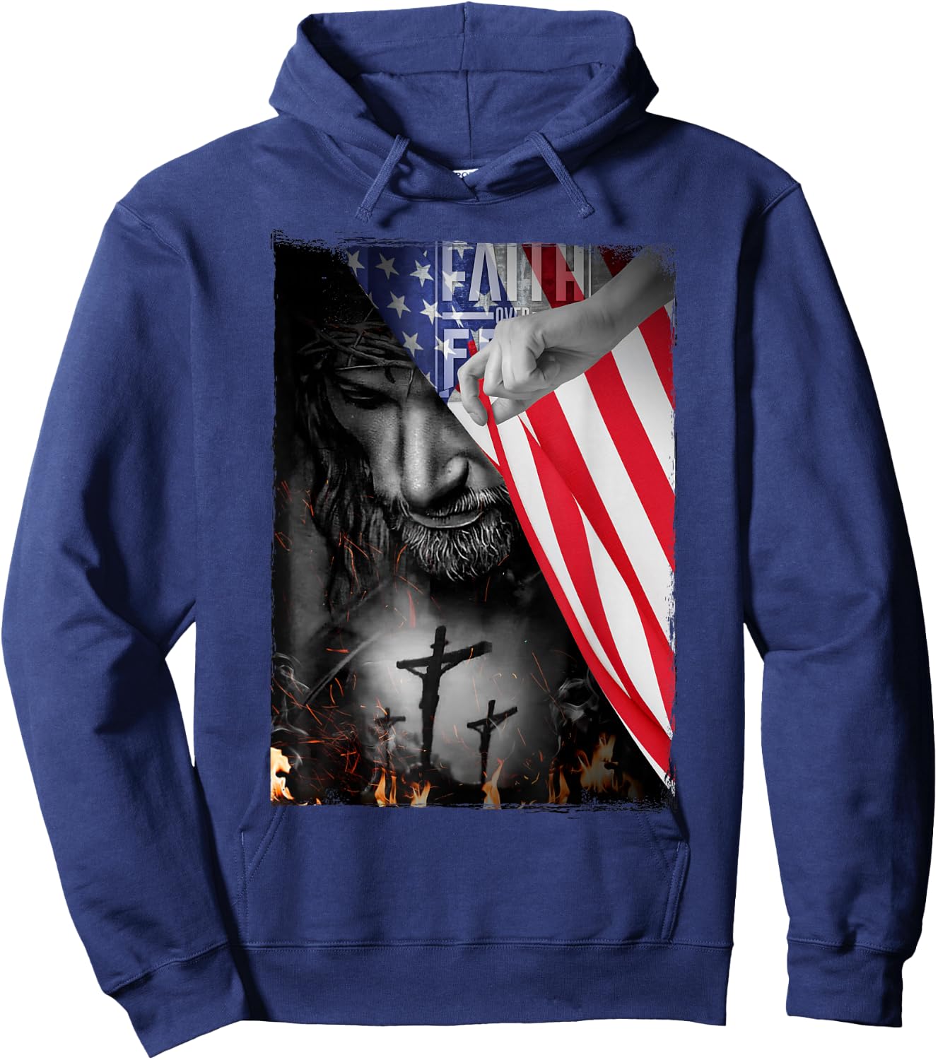 Faith Over Fear, Jesus American Flag Patriot Christian Gift Hoodie - Hoodie | Navy