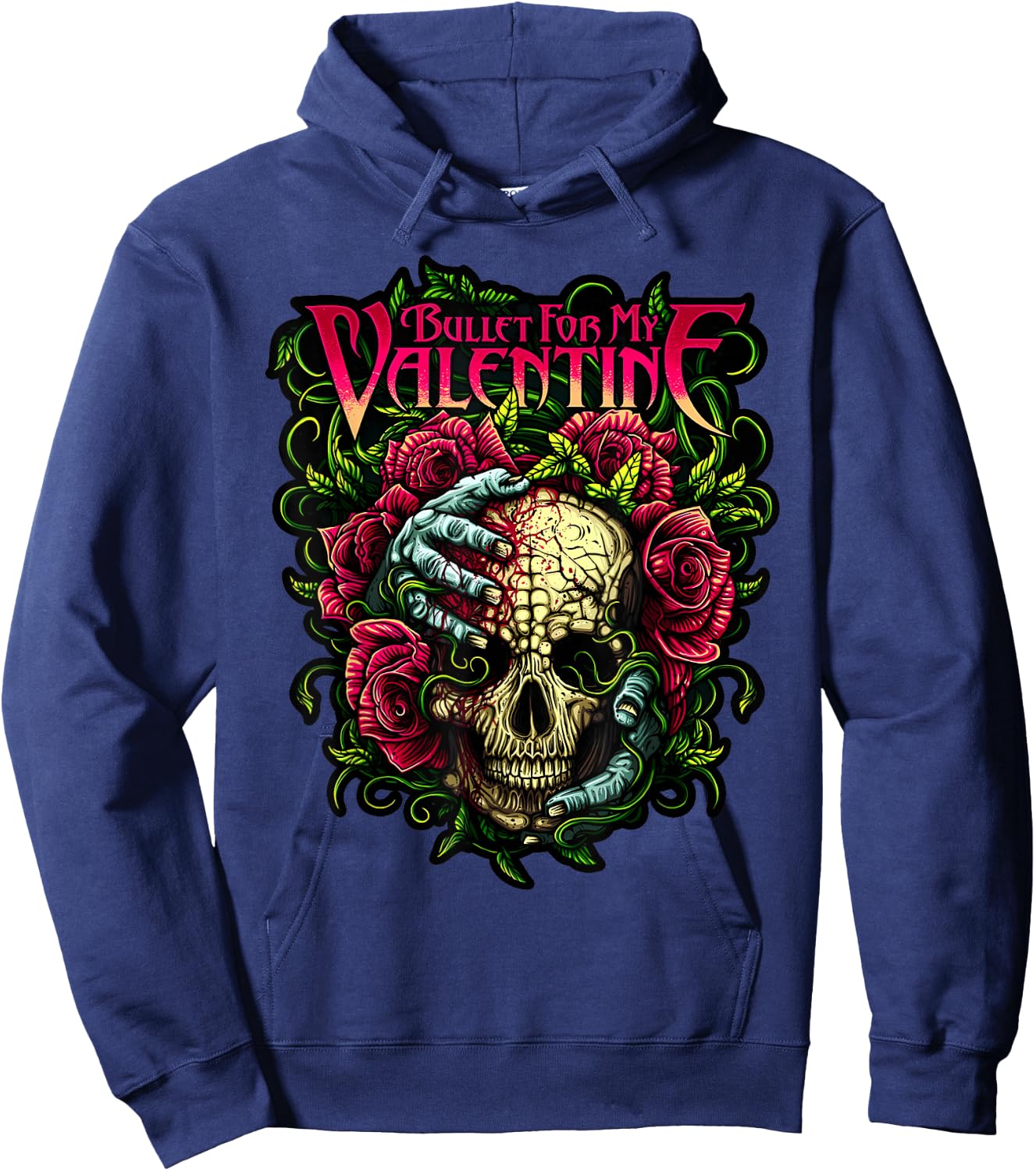 Funny Bullet My Valentine Horror with Skull, Roses and Red Blood Hoodie - Hoodie | Navy