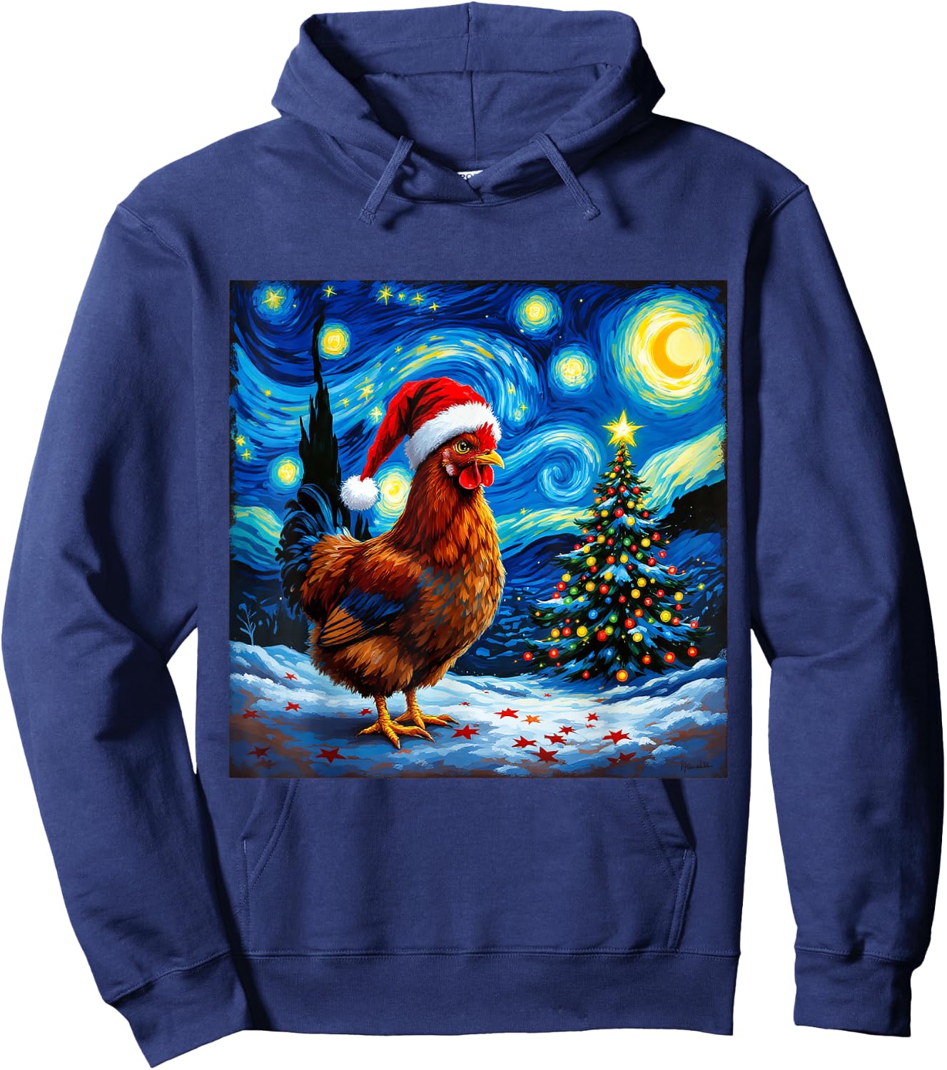 Christmas Chicken Santa Hat Van Gogh Starry Night Holiday Hoodie - Hoodie | Navy