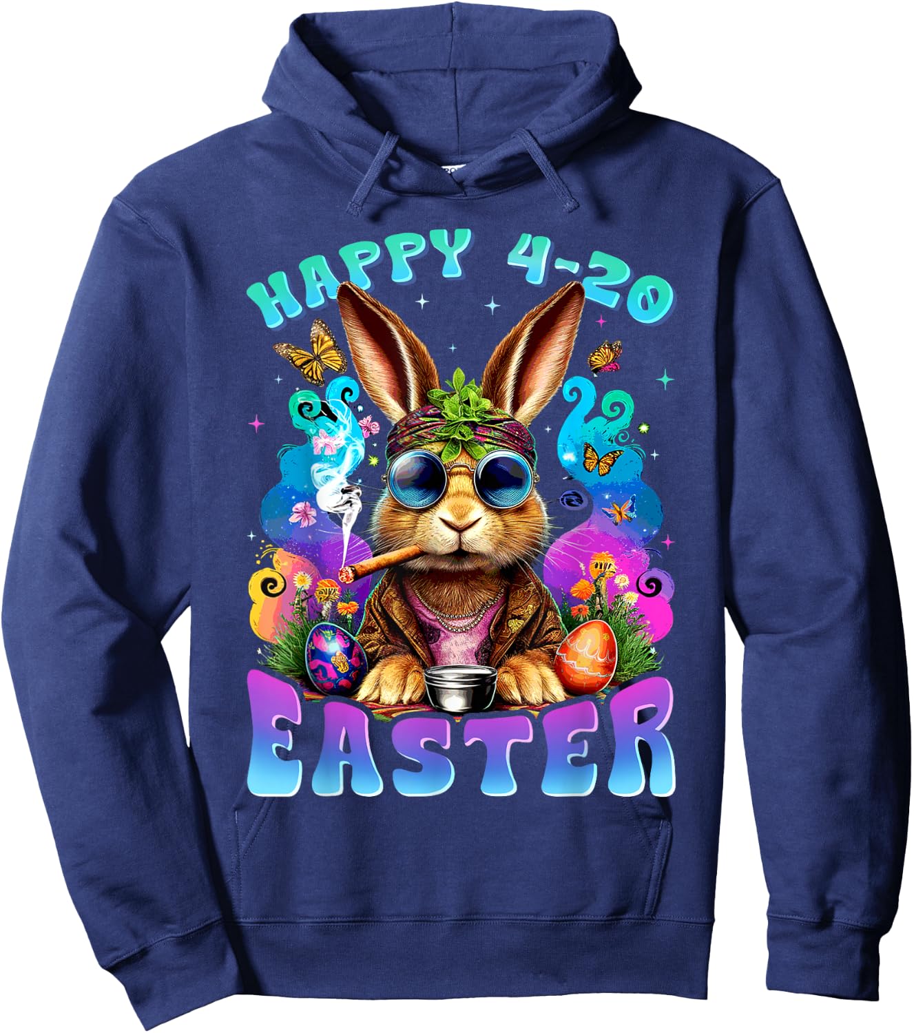 Happy 420 Easter Bunny Smoking Weed Funny Men Women Hoodie - Hoodie | Navy