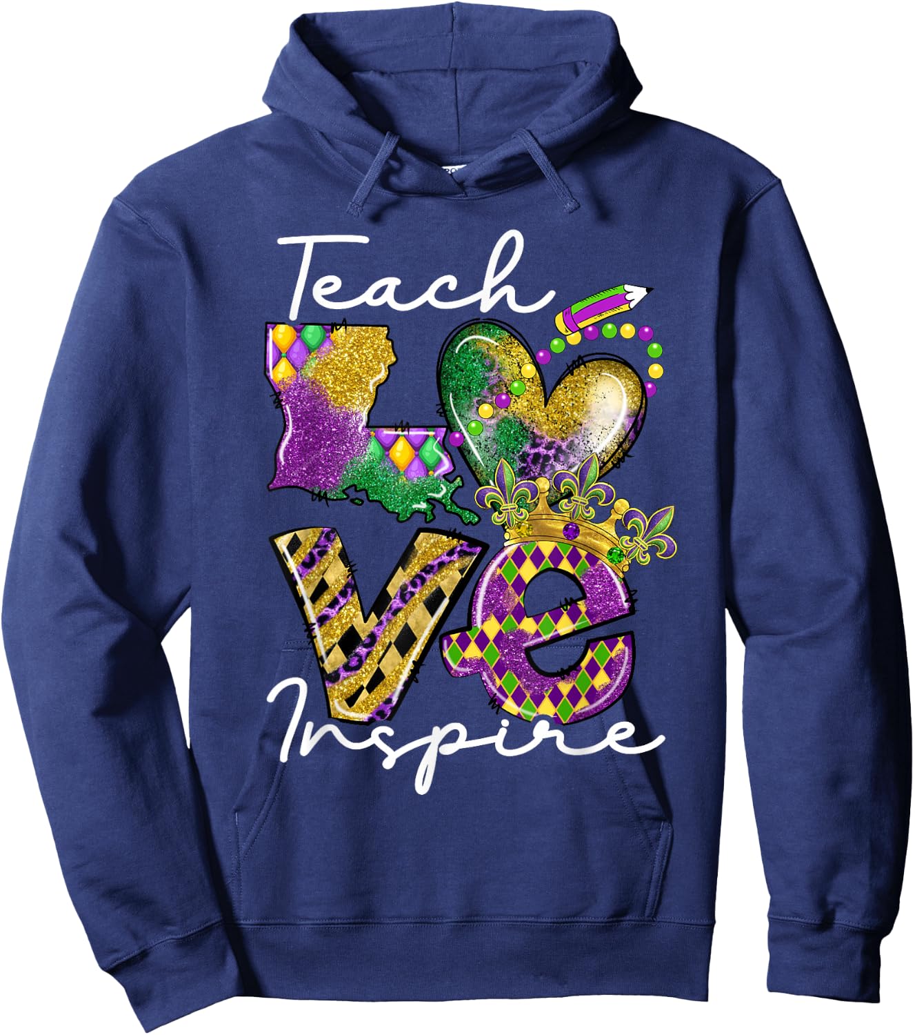 Teacher Mardi Gras Teach Love Inspire Carnival Beads Leopard Hoodie - Hoodie | Navy