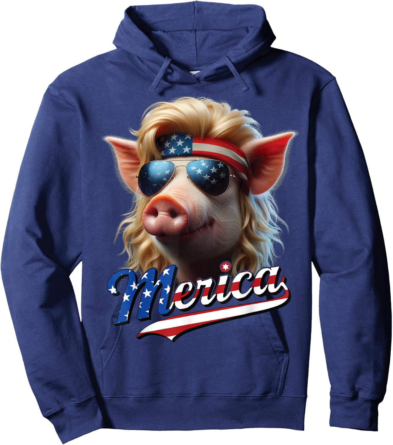 Pig Merica Blonde Mullet Wig USA Flag Funny Hoodie - Hoodie | Navy