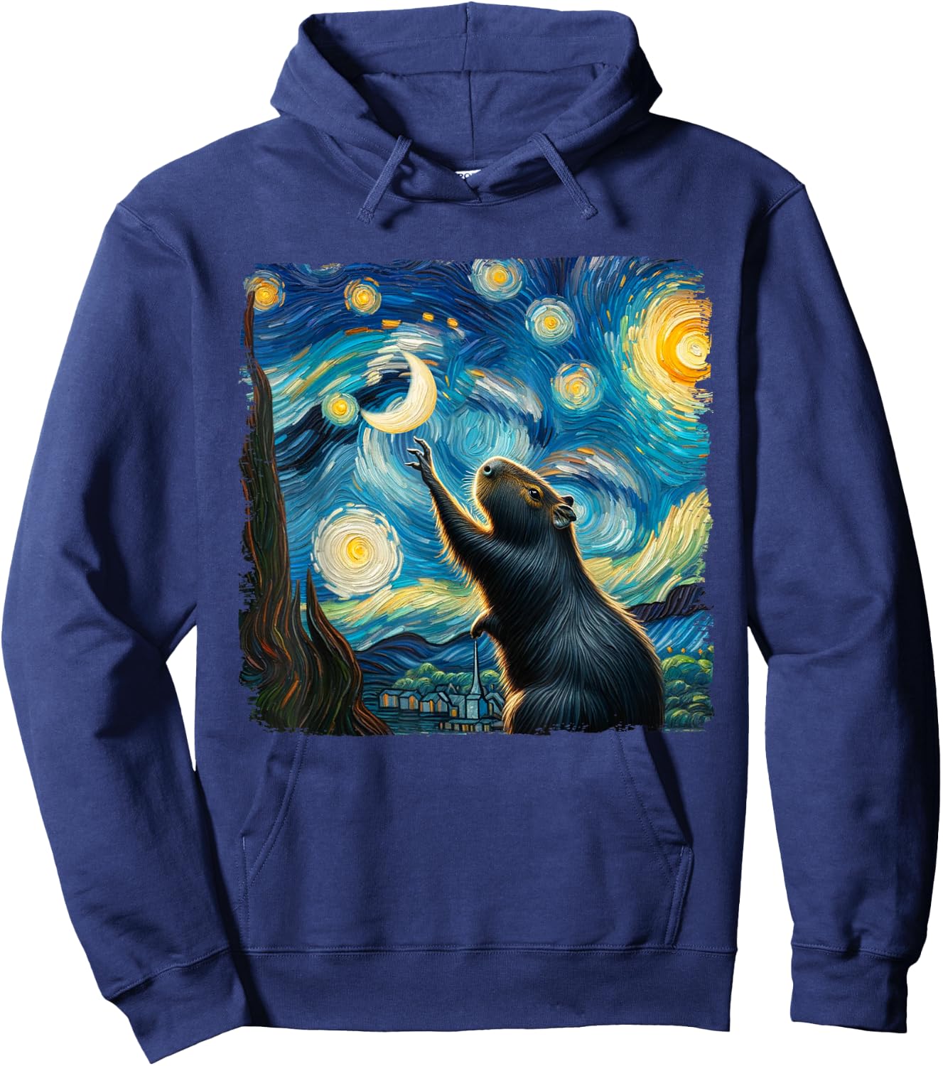 Classic Capybara Starry Night Distressed Capybaras Van Gogh Hoodie - Hoodie | Navy
