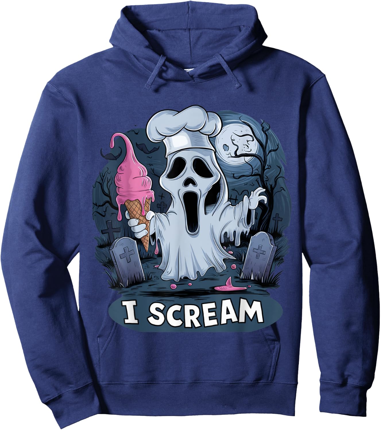 I Scream Ghost with Ice Cream Cone Funny Halloween Cemetery , Black, S Hoodie - Hoodie | Navy