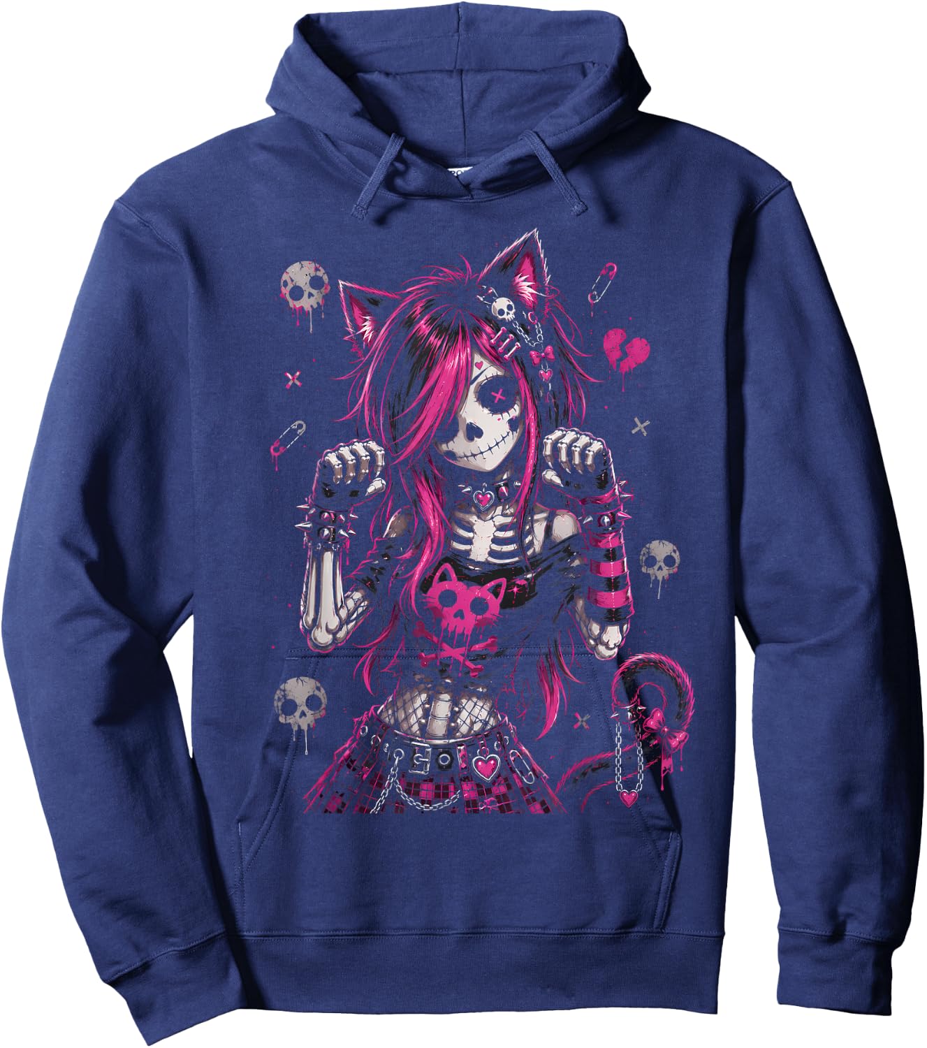 Emo Skeleton Cat Girl Pink Goth Aesthetic Rock Design Hoodie - Hoodie | Navy